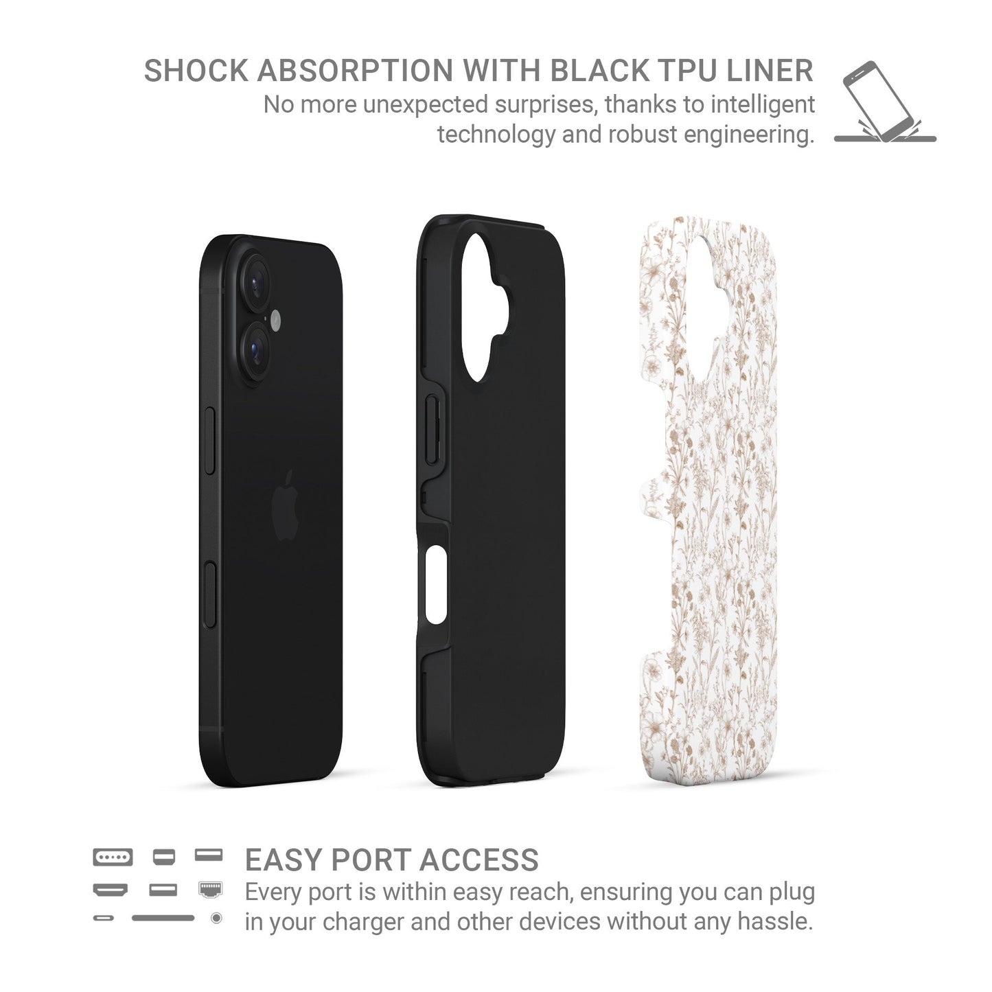Tough Phone Case – dual-layer beige floral design for iPhone