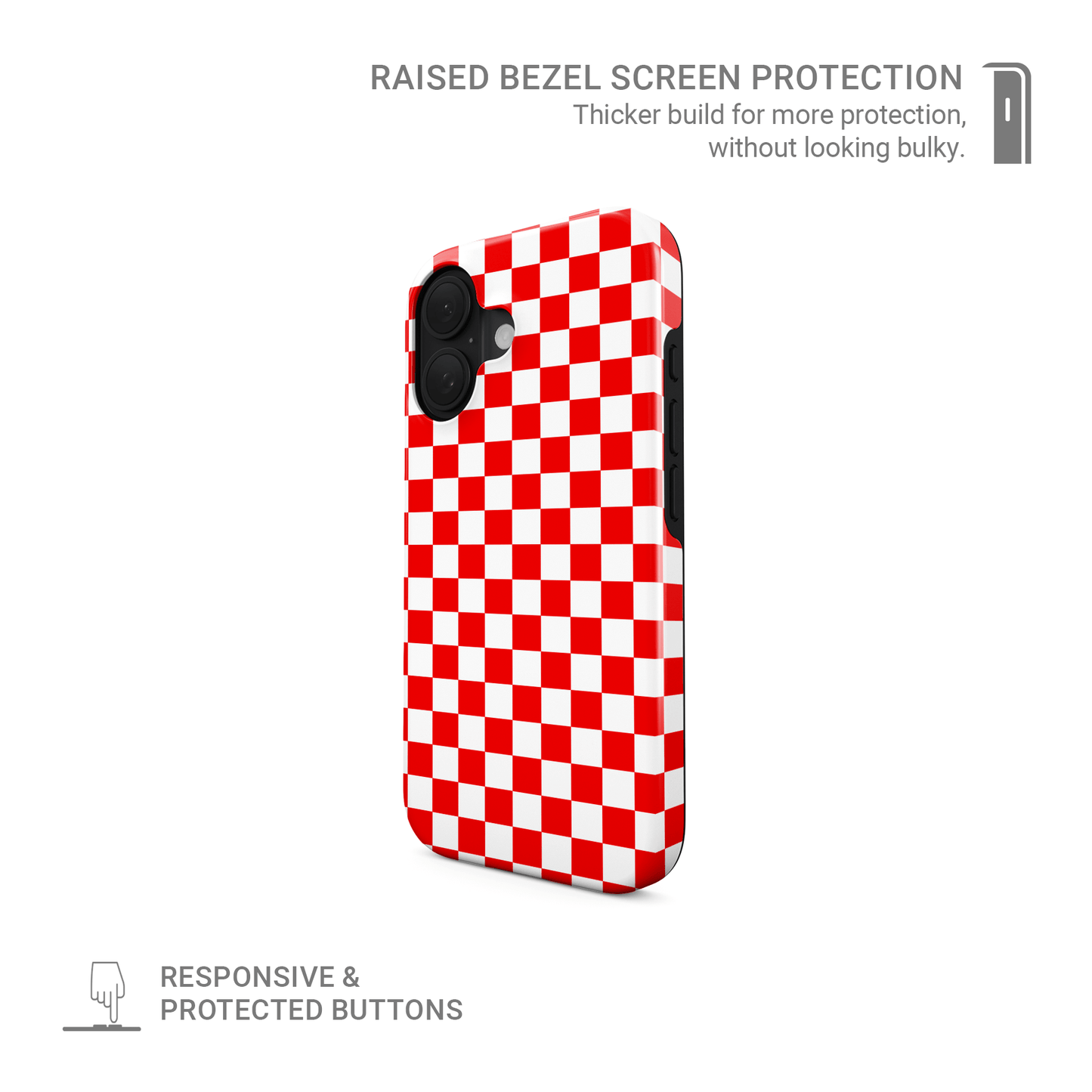 Red checkered MagSafe tough phone case – Fire Grid design from the Checkmate Collection, dual-layer magnetic protective case for iPhone