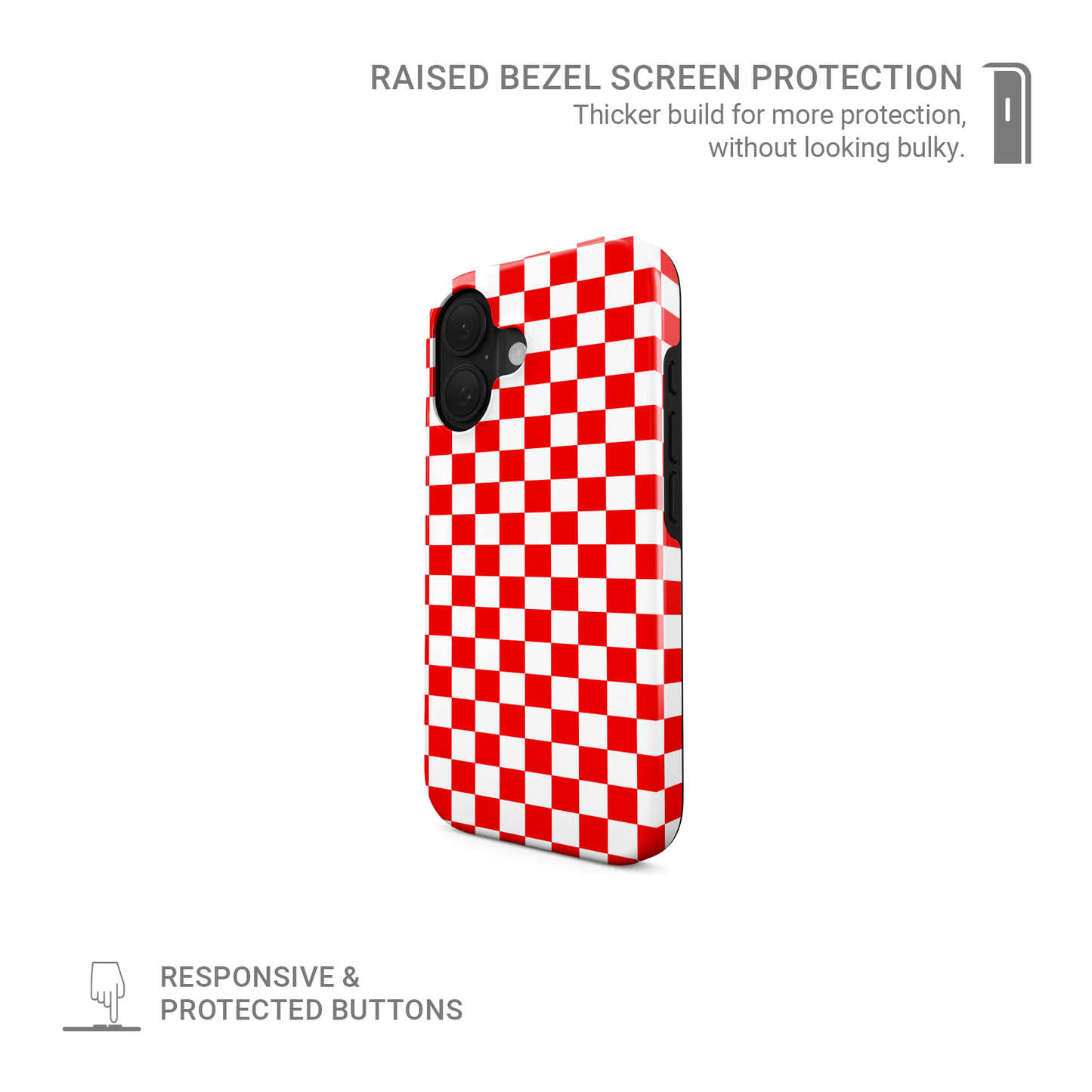 Red checkered tough phone case – Fire Grid design from the Checkmate Collection, dual-layer protective case for iPhone, Samsung and Pixel