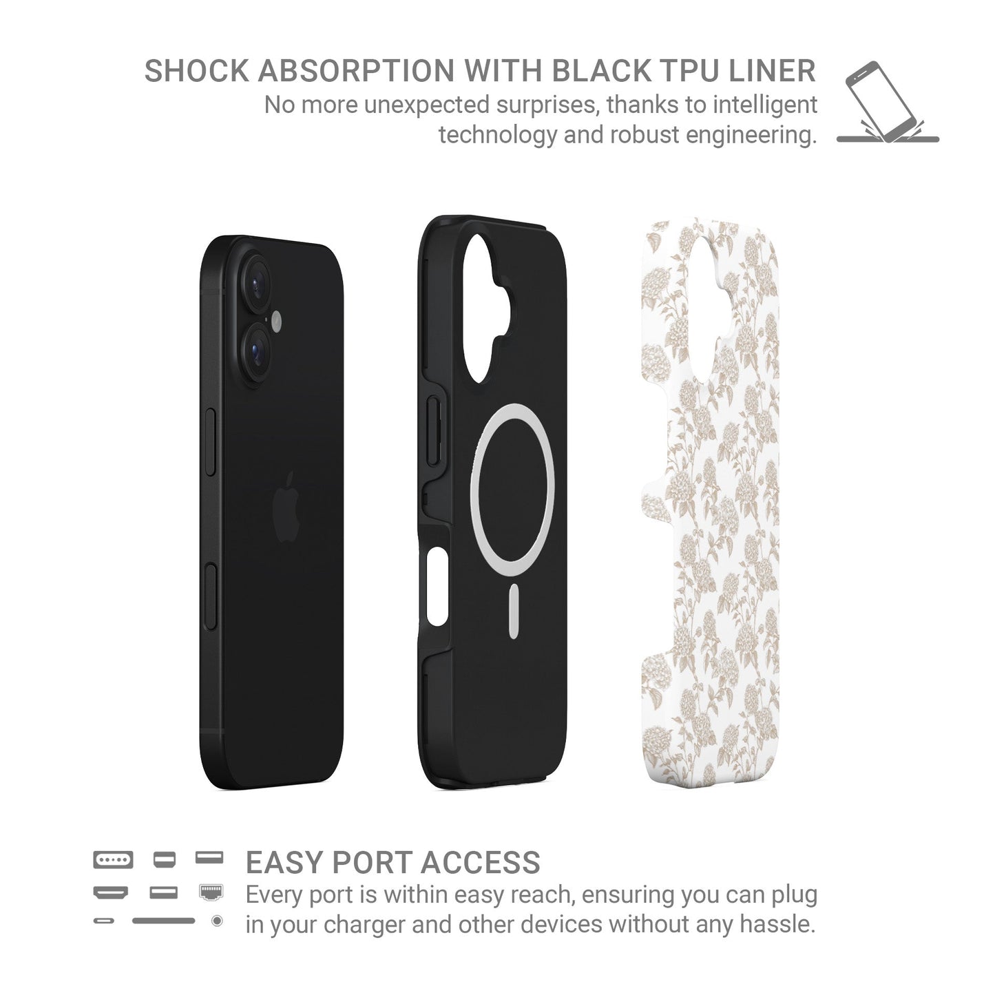 MagSafe Tough Phone Case – dual-layer hydrangea floral design for iPhone