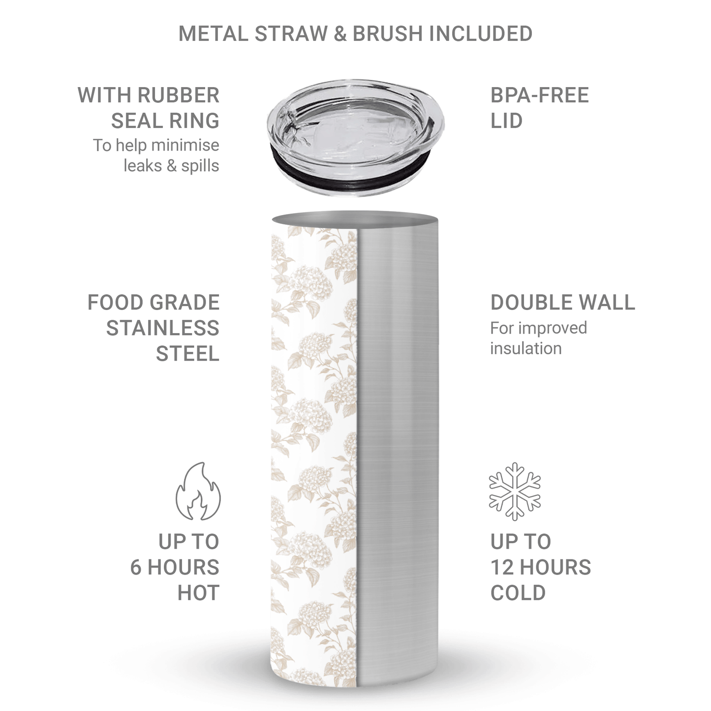 Double wall stainless steel tumbler with straw in vintage sepia floral design