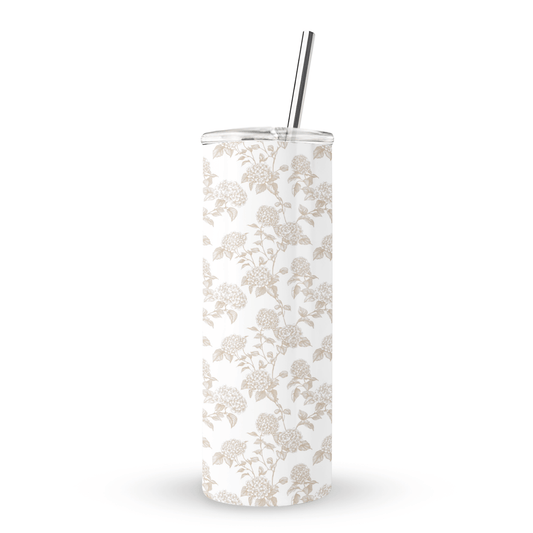 Double wall stainless steel tumbler with straw in vintage sepia floral design