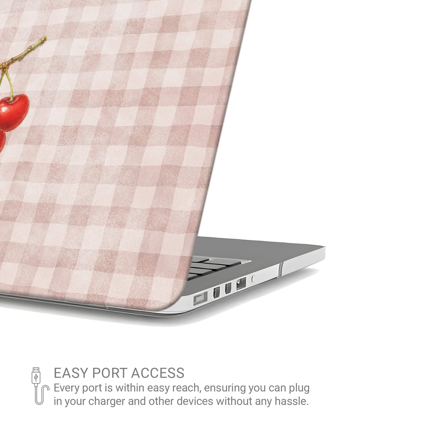 Ruby Bough MacBook Case with watercolour fruiting cherry branch on dusty pink gingham