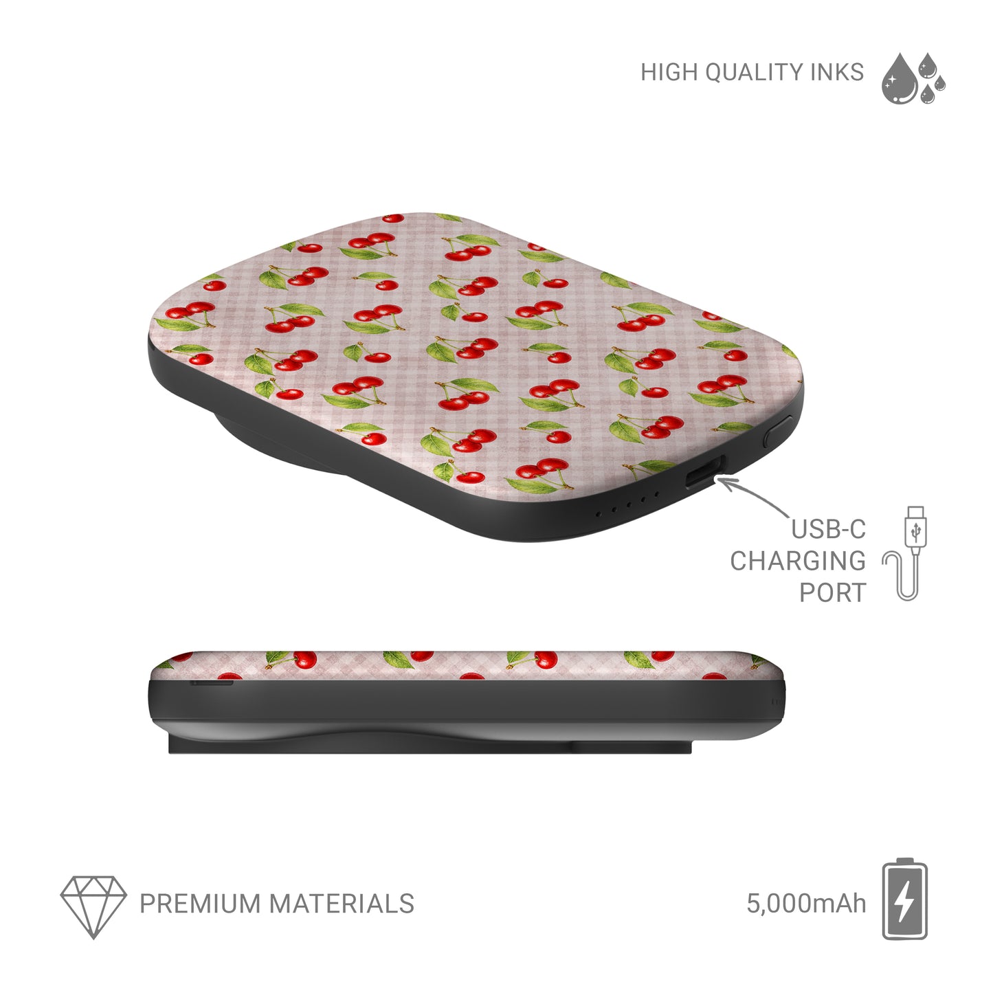 Cherry Jubilee 5000mAh Magnetic Power Bank with scattered watercolour red cherries on soft pink gingham