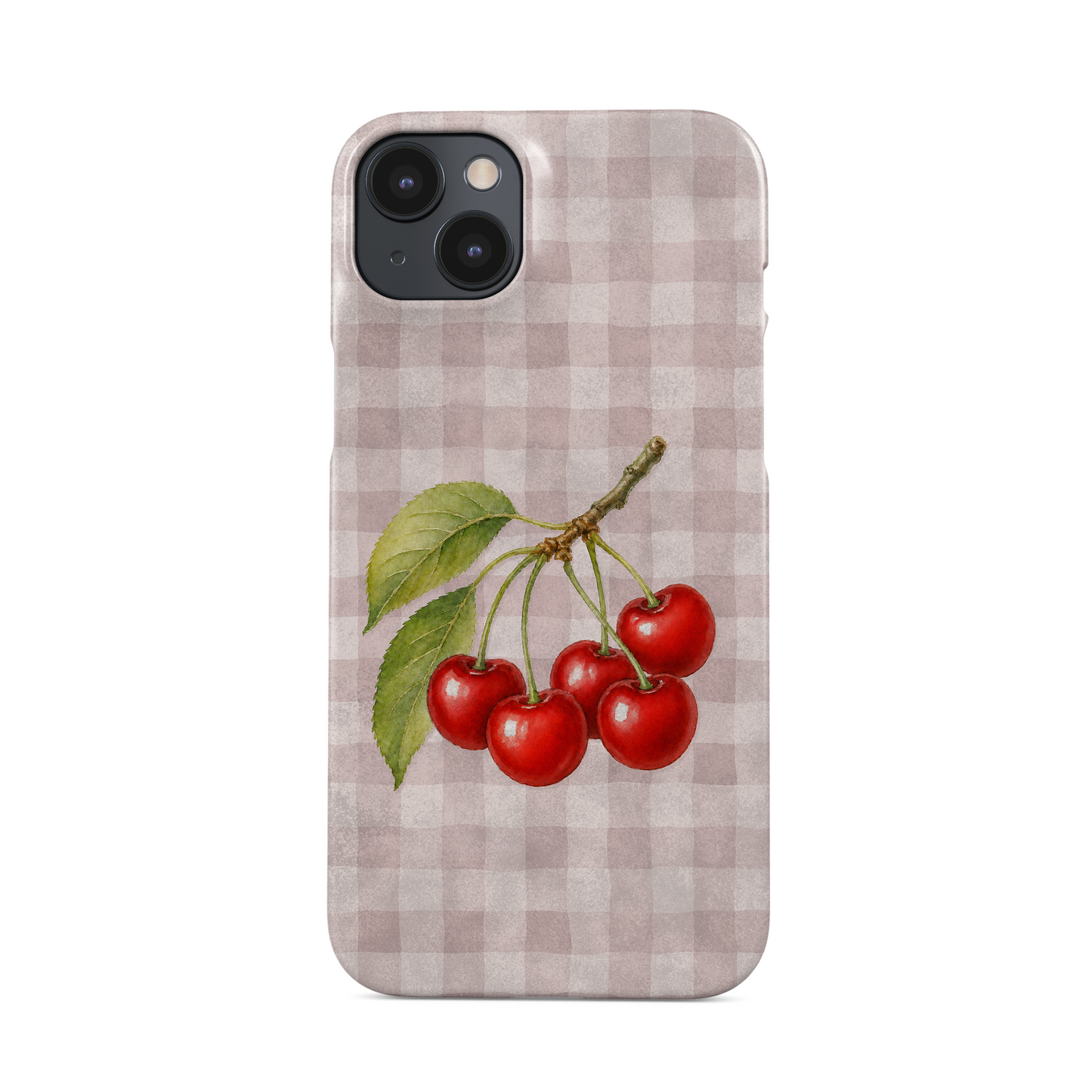 Ruby Bough Snap Phone Case with watercolour fruiting cherry branch on dusty pink gingham
