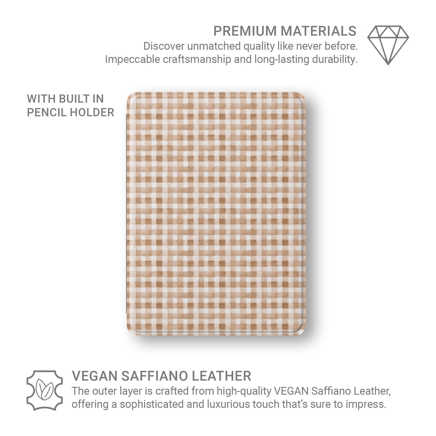 iPad Case with autumn checkered design and Apple Pencil holder