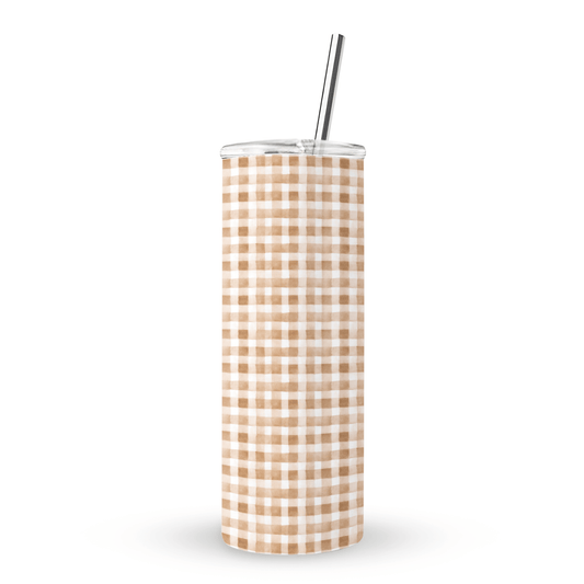 Gingham Glow Tumbler with rustic beige and white check design