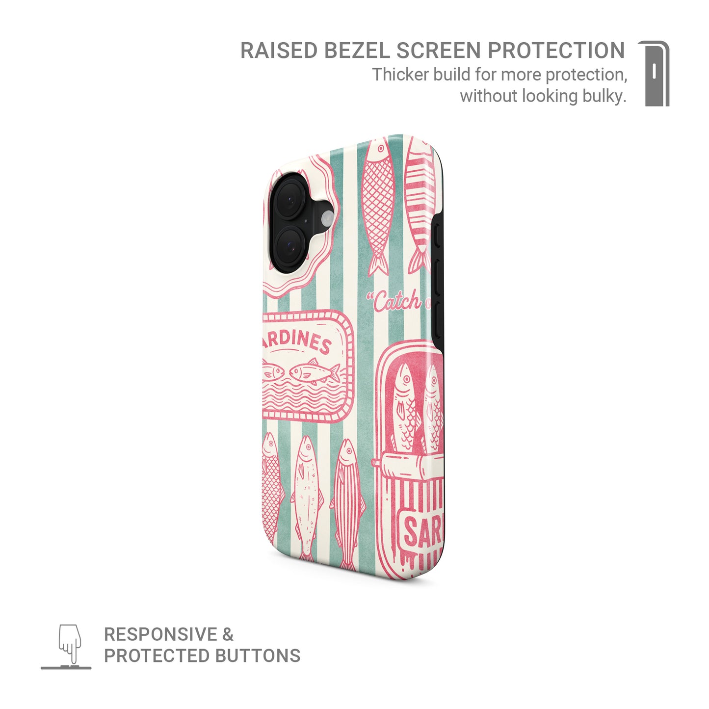 Pink sardine MagSafe tough phone case design with retro fish tins, illustrated sardines and teal coastal stripe background.