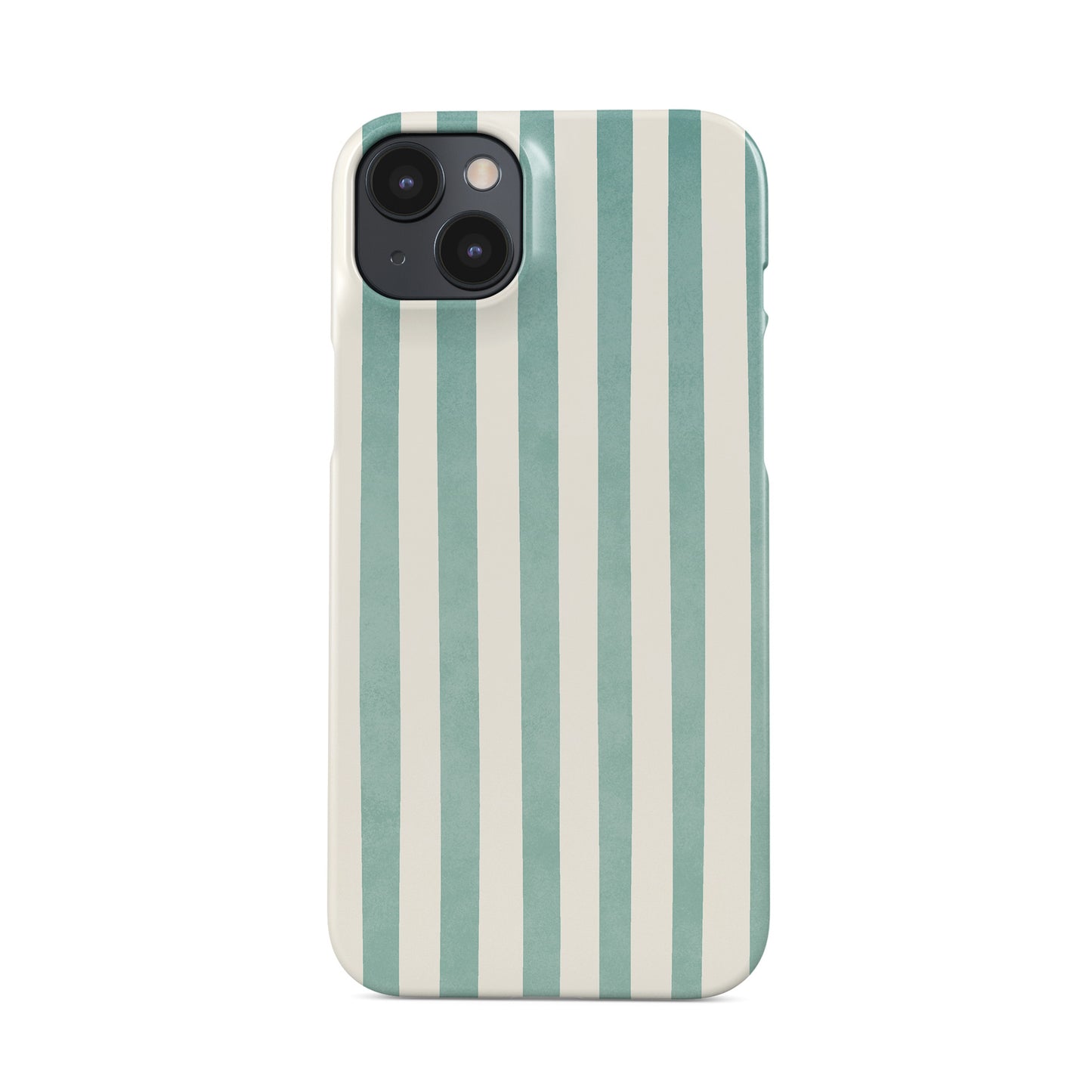 Mint green striped phone case with coastal cream stripe print on a slim glossy Snap Phone Case by Case & Charm.