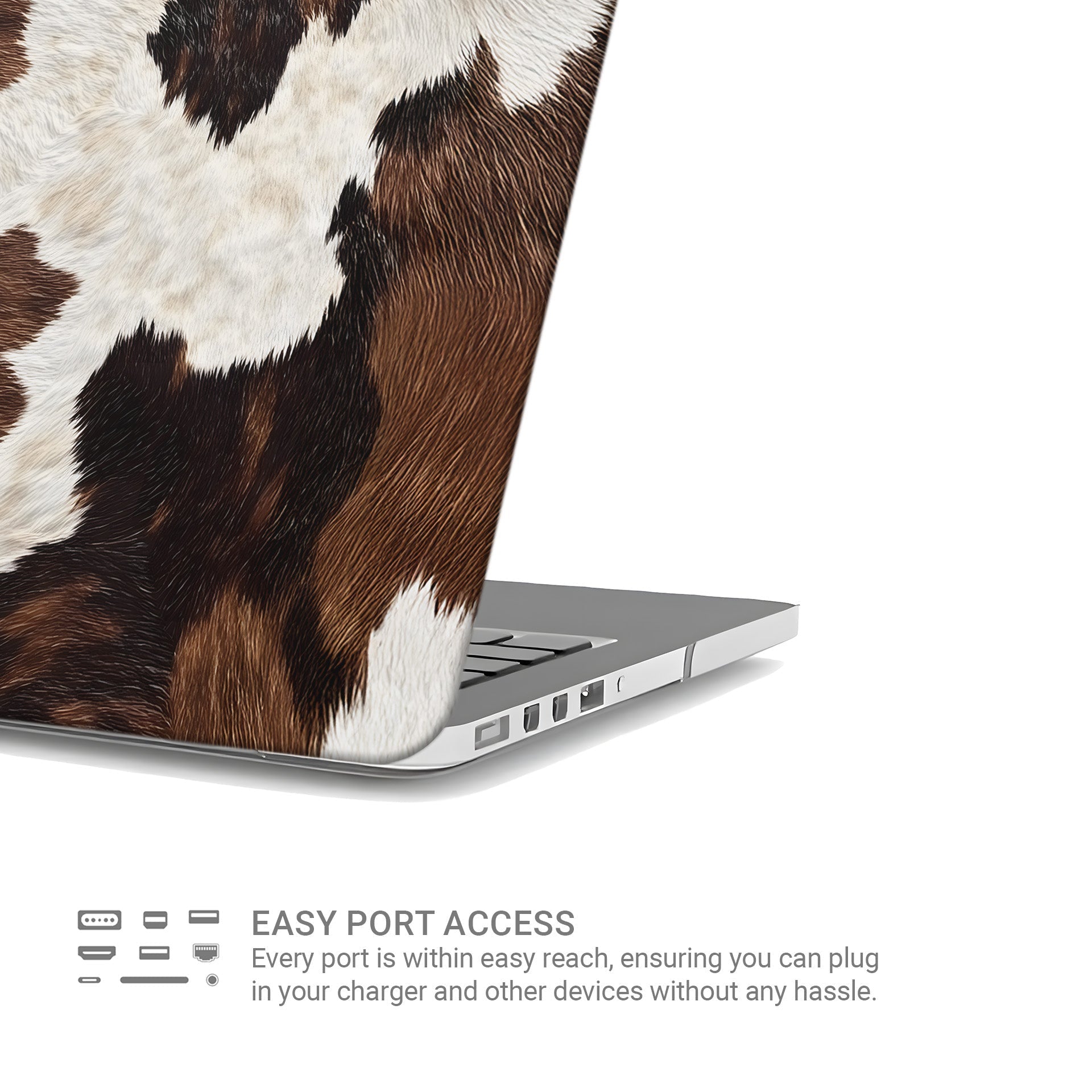 Durable slim-fit MacBook case with rustic cowhide design