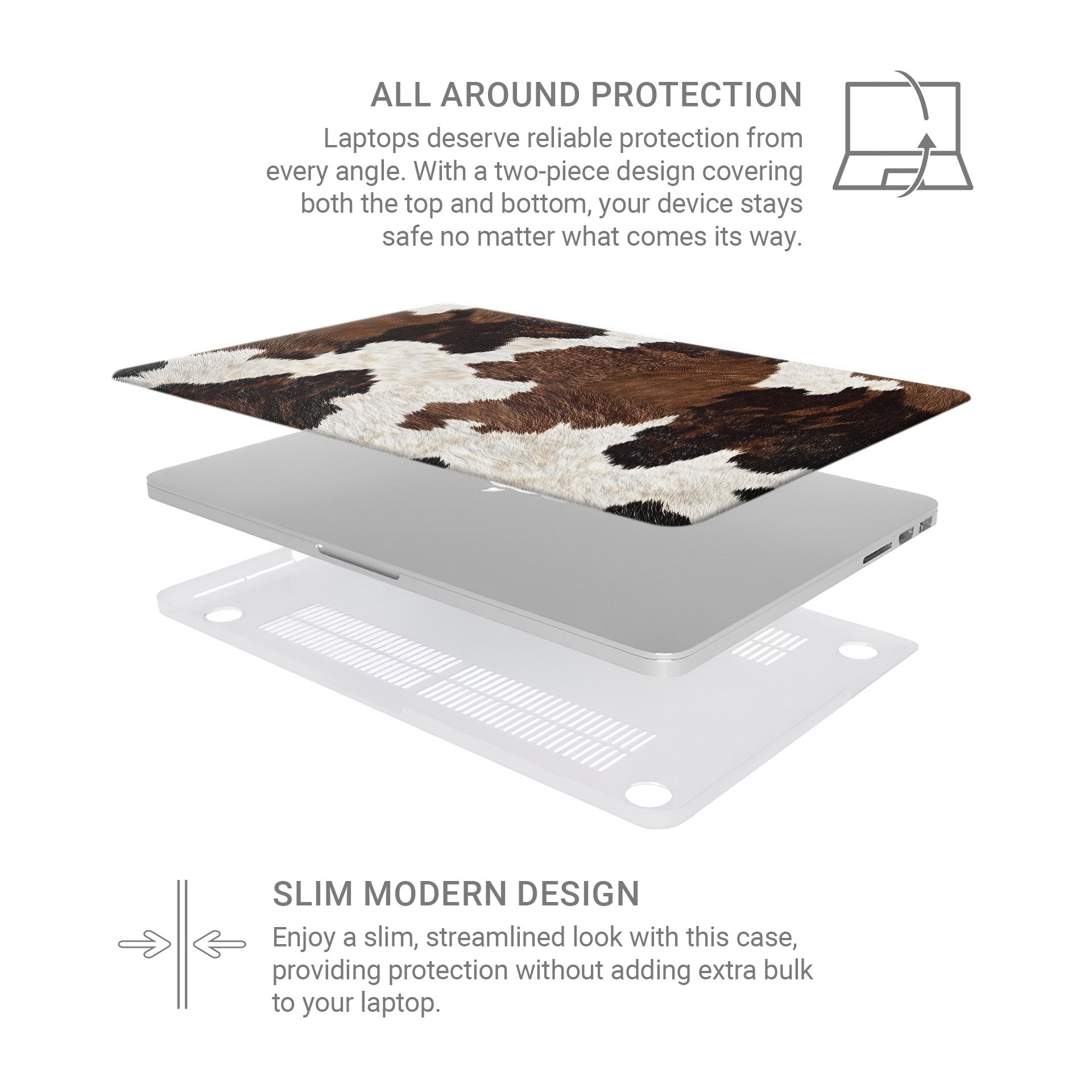 Durable slim-fit MacBook case with rustic cowhide design