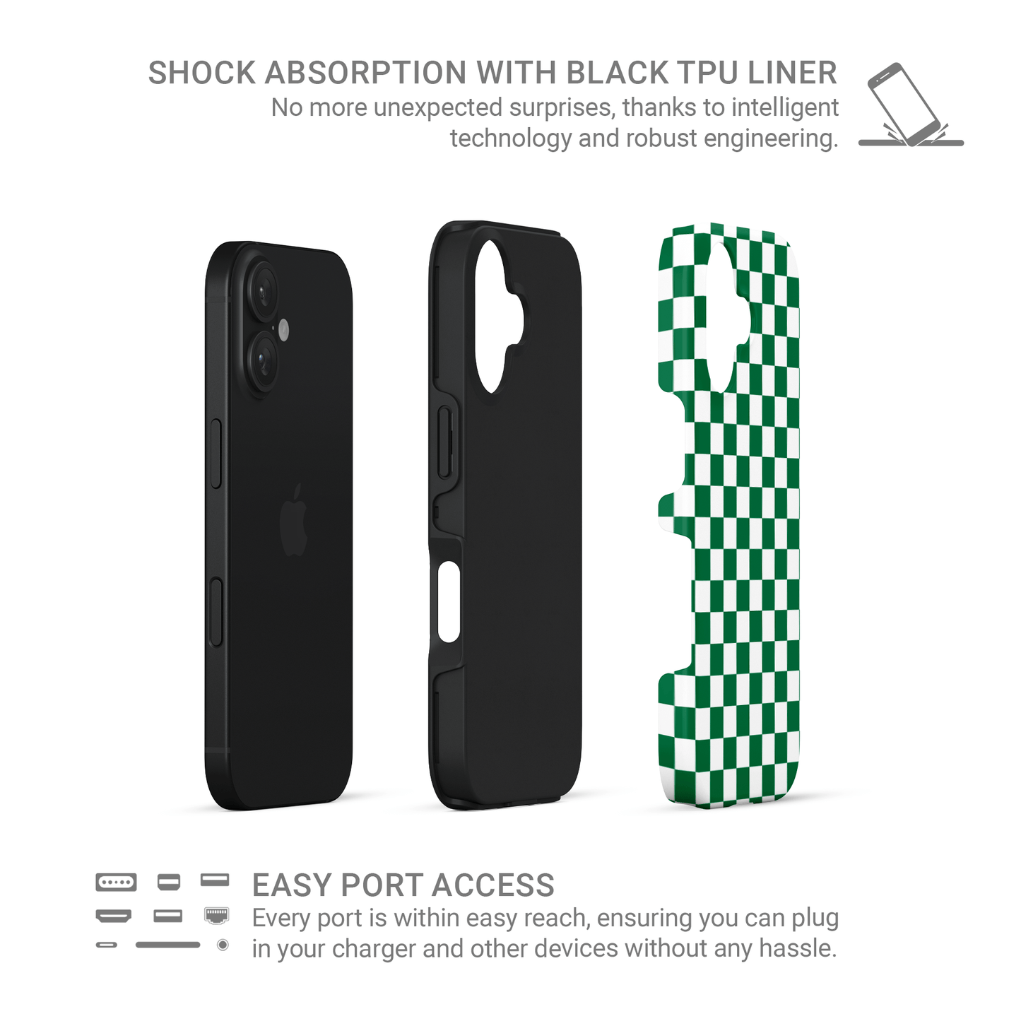 Green checkered tough phone case – Matcha Grid design from the Checkmate Collection, dual-layer protective case for iPhone, Samsung and Pixel