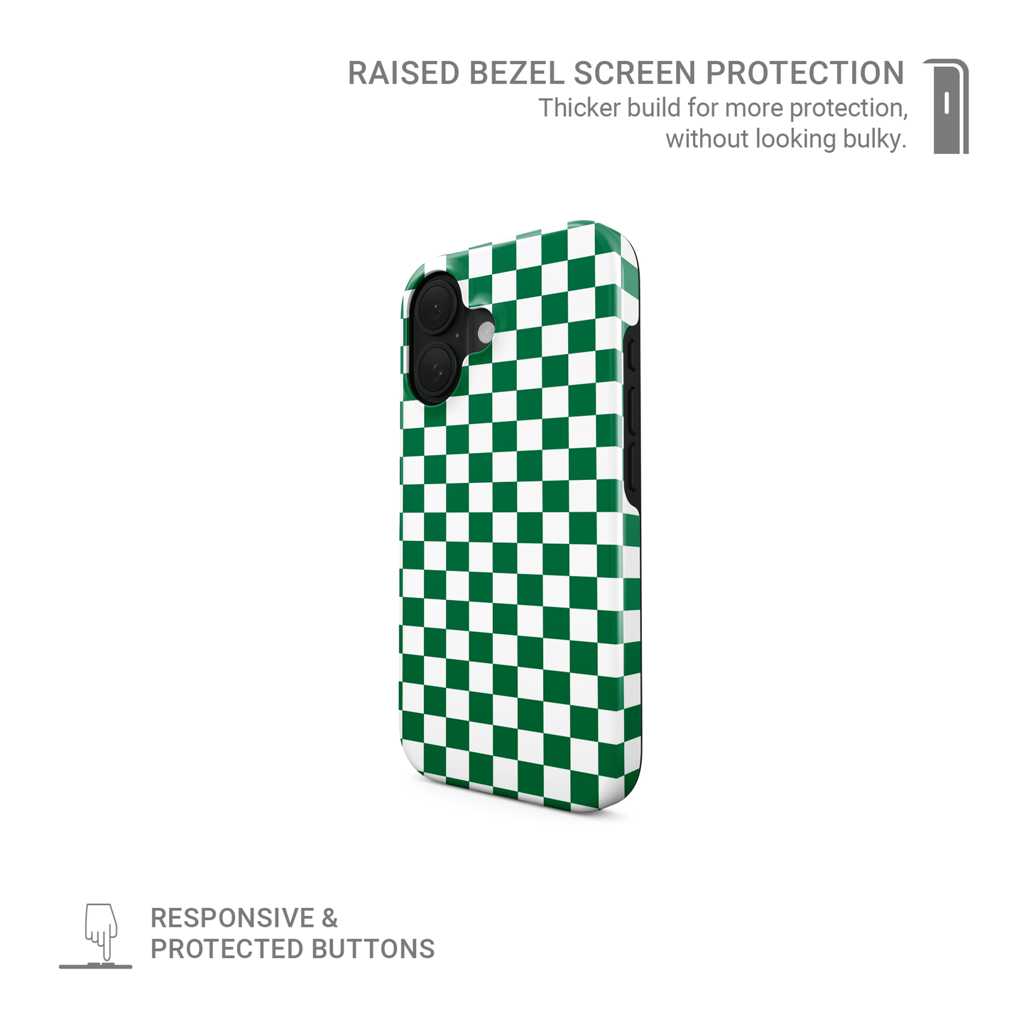 Green checkered tough phone case – Matcha Grid design from the Checkmate Collection, dual-layer protective case for iPhone, Samsung and Pixel