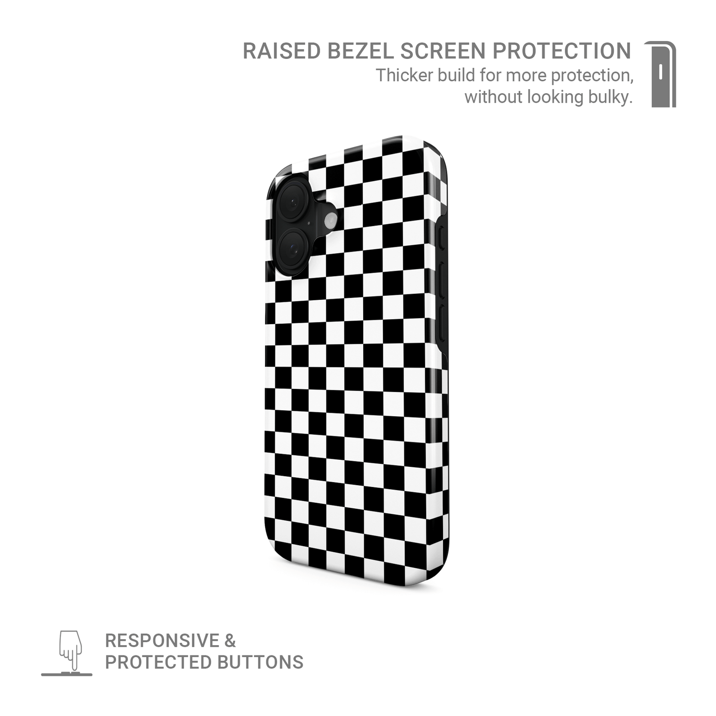 Black-and-white checkered MagSafe tough phone case – Mono Grid design from the Checkmate Collection, dual-layer magnetic protective case for iPhone.