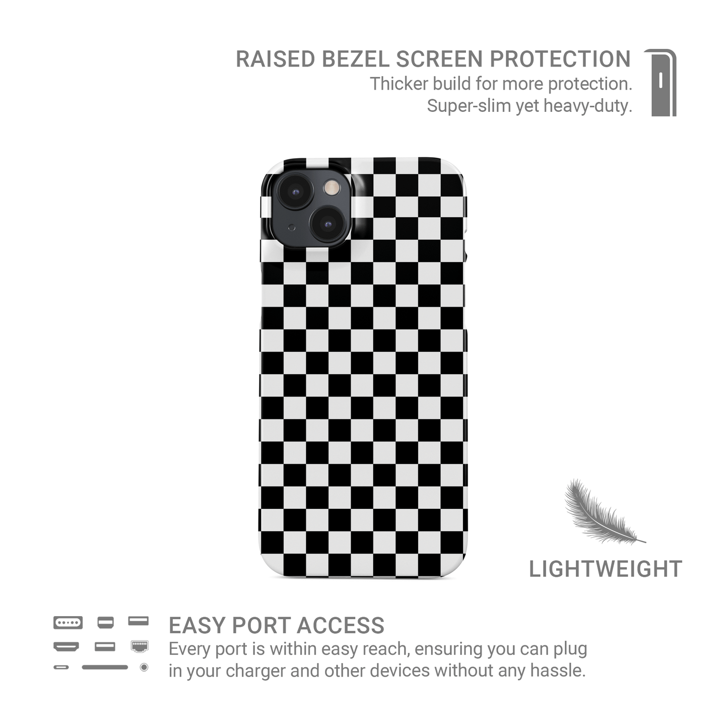Black and white checkered snap phone case – Mono Grid design from the Checkmate Collection, trendy minimal phone case for iPhone, Samsung and Google Pixel