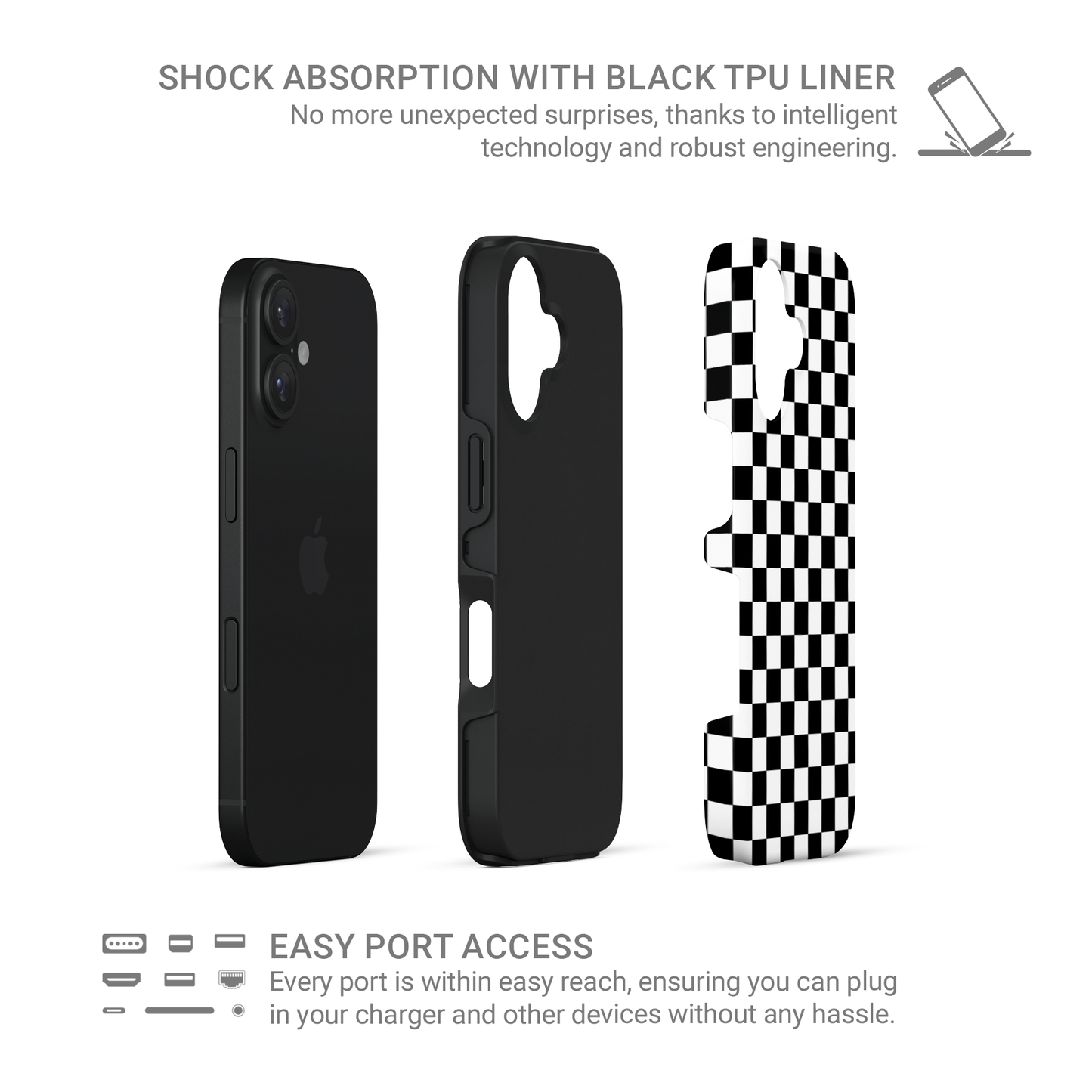 Black-and-white checkered tough phone case – Mono Grid design from the Checkmate Collection, dual-layer protective case for iPhone, Samsung and Pixel