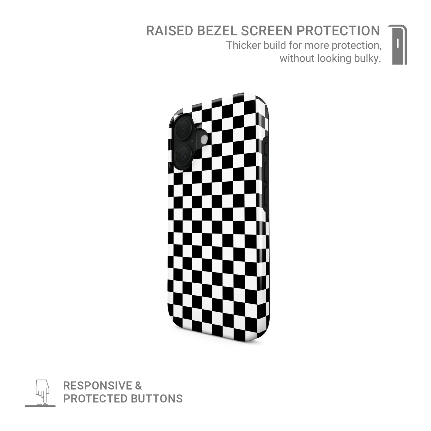 Black-and-white checkered tough phone case – Mono Grid design from the Checkmate Collection, dual-layer protective case for iPhone, Samsung and Pixel