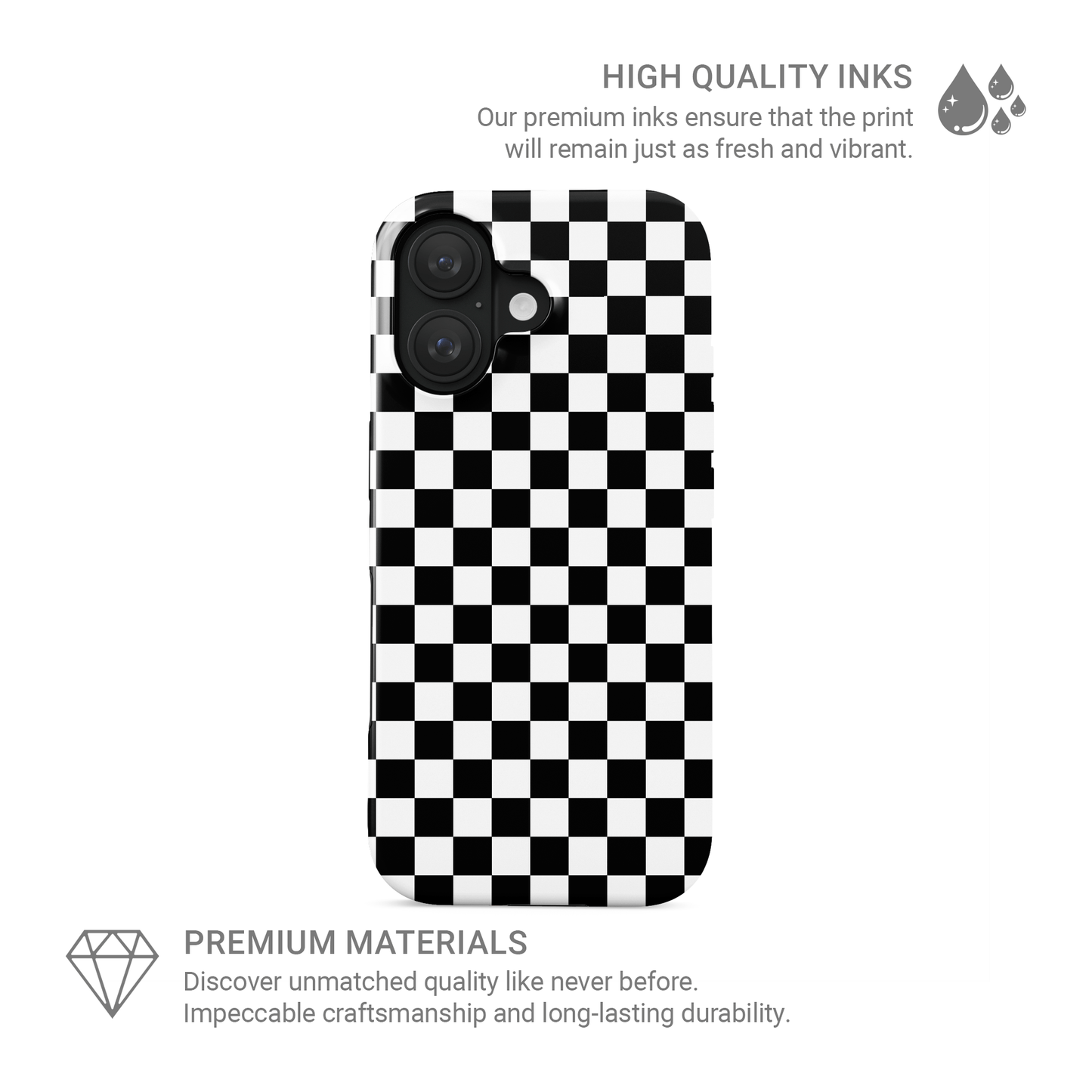 Black-and-white checkered tough phone case – Mono Grid design from the Checkmate Collection, dual-layer protective case for iPhone, Samsung and Pixel
