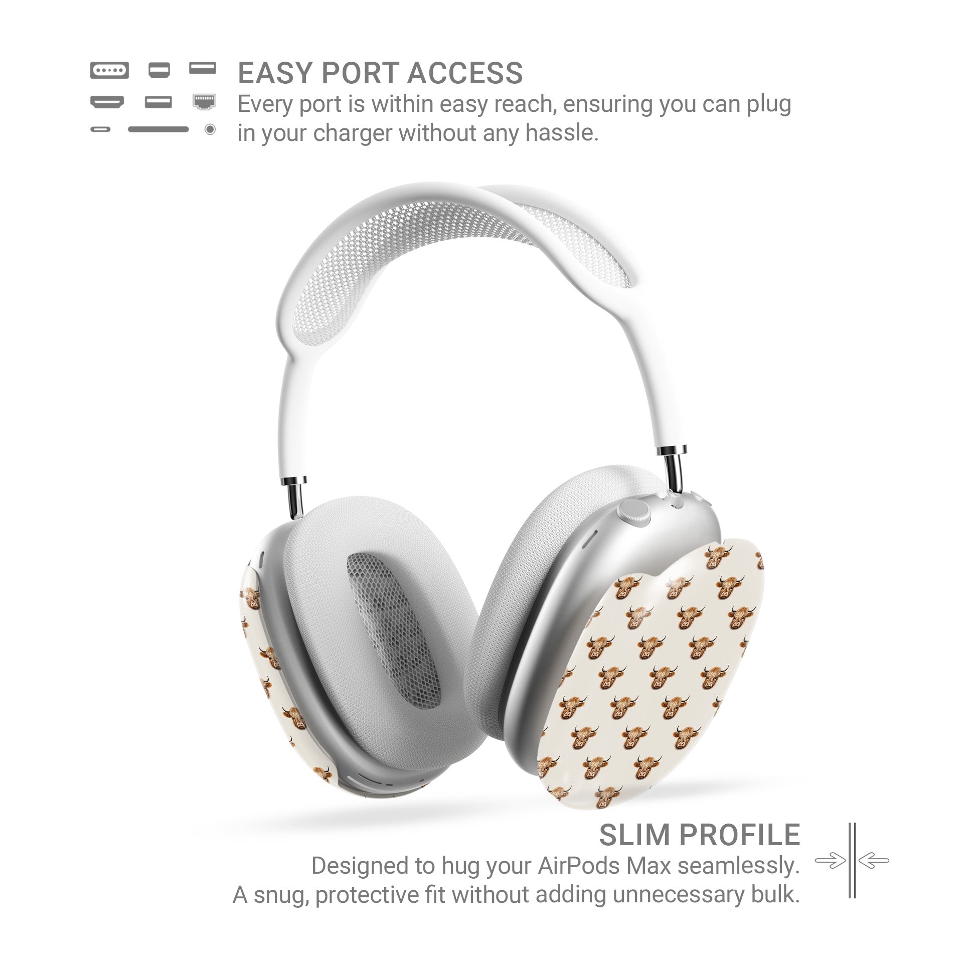 Designer AirPods Max case with Highland cow artwork