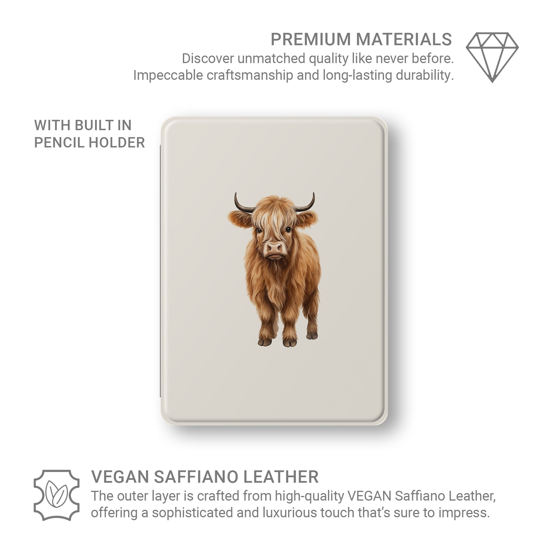 Stylish vegan leather iPad case with Highland cow face and Apple Pencil slot