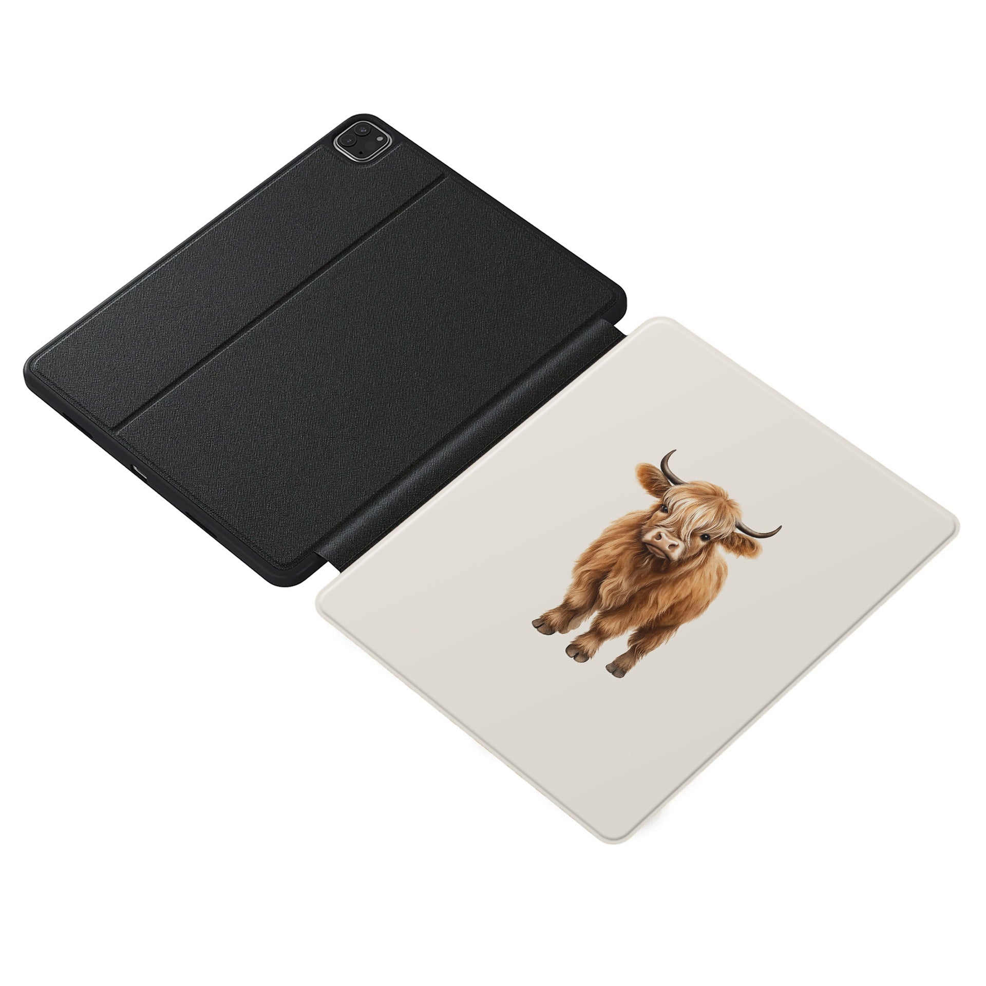 Stylish vegan leather iPad case with Highland cow face and Apple Pencil slot