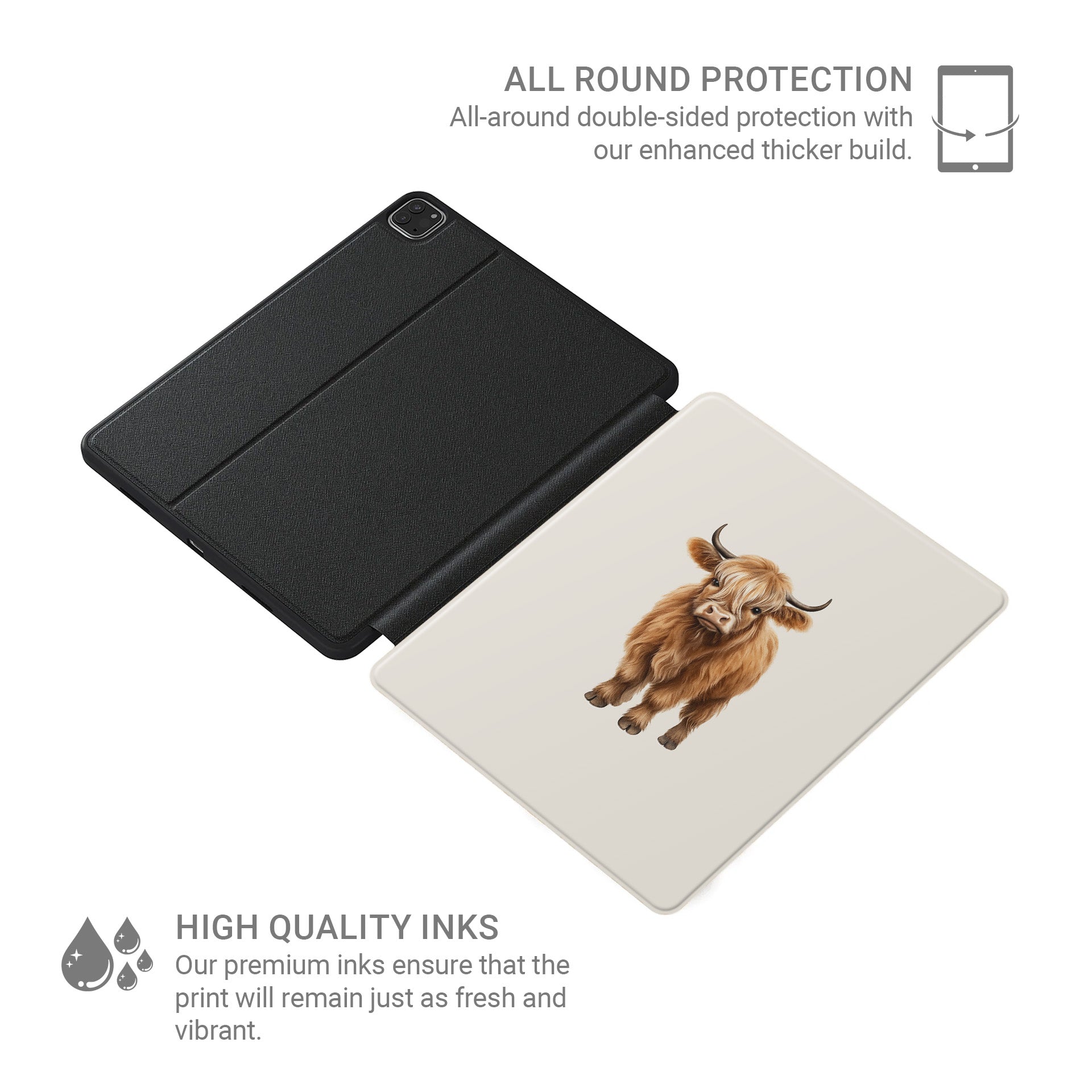 Stylish vegan leather iPad case with Highland cow face and Apple Pencil slot