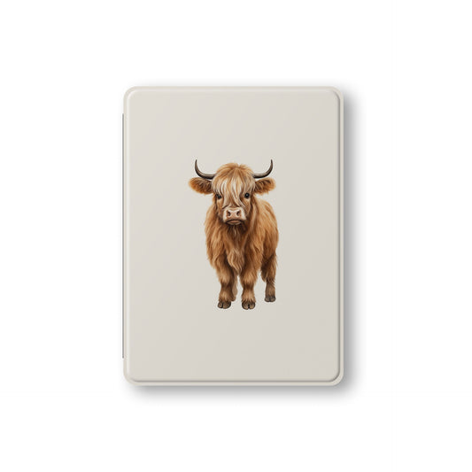 Stylish vegan leather iPad case with Highland cow face and Apple Pencil slot