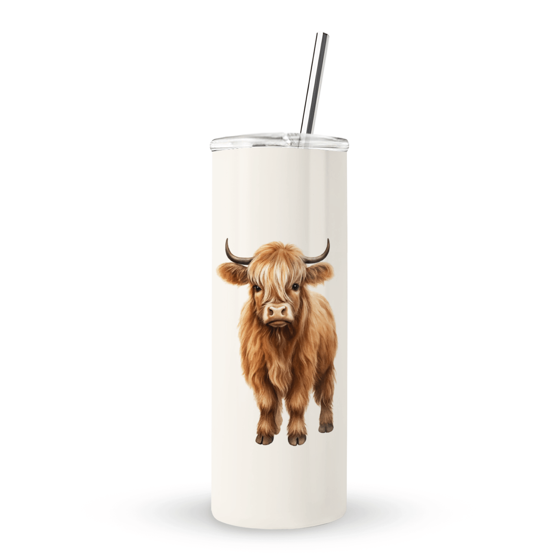 stainless steel tumbler with Highland cow design and metal straw