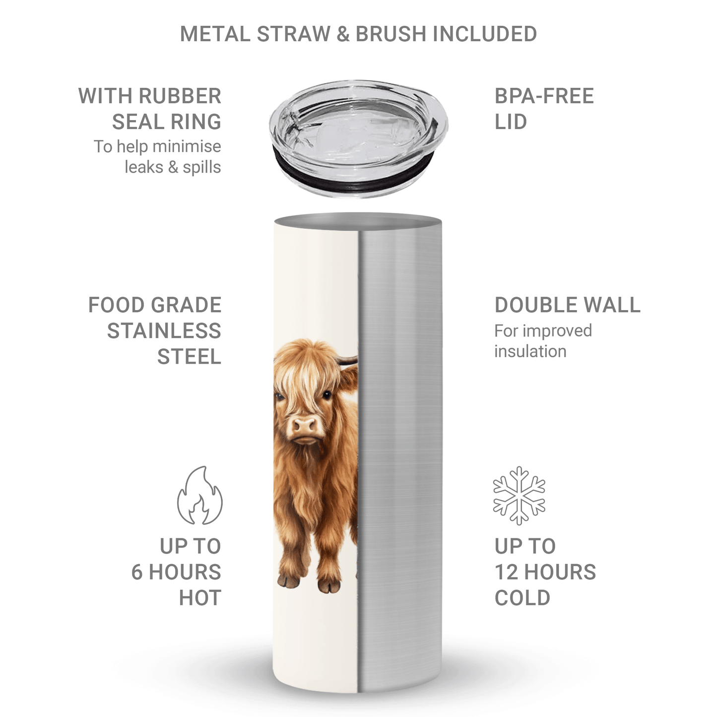 stainless steel tumbler with Highland cow design and metal straw