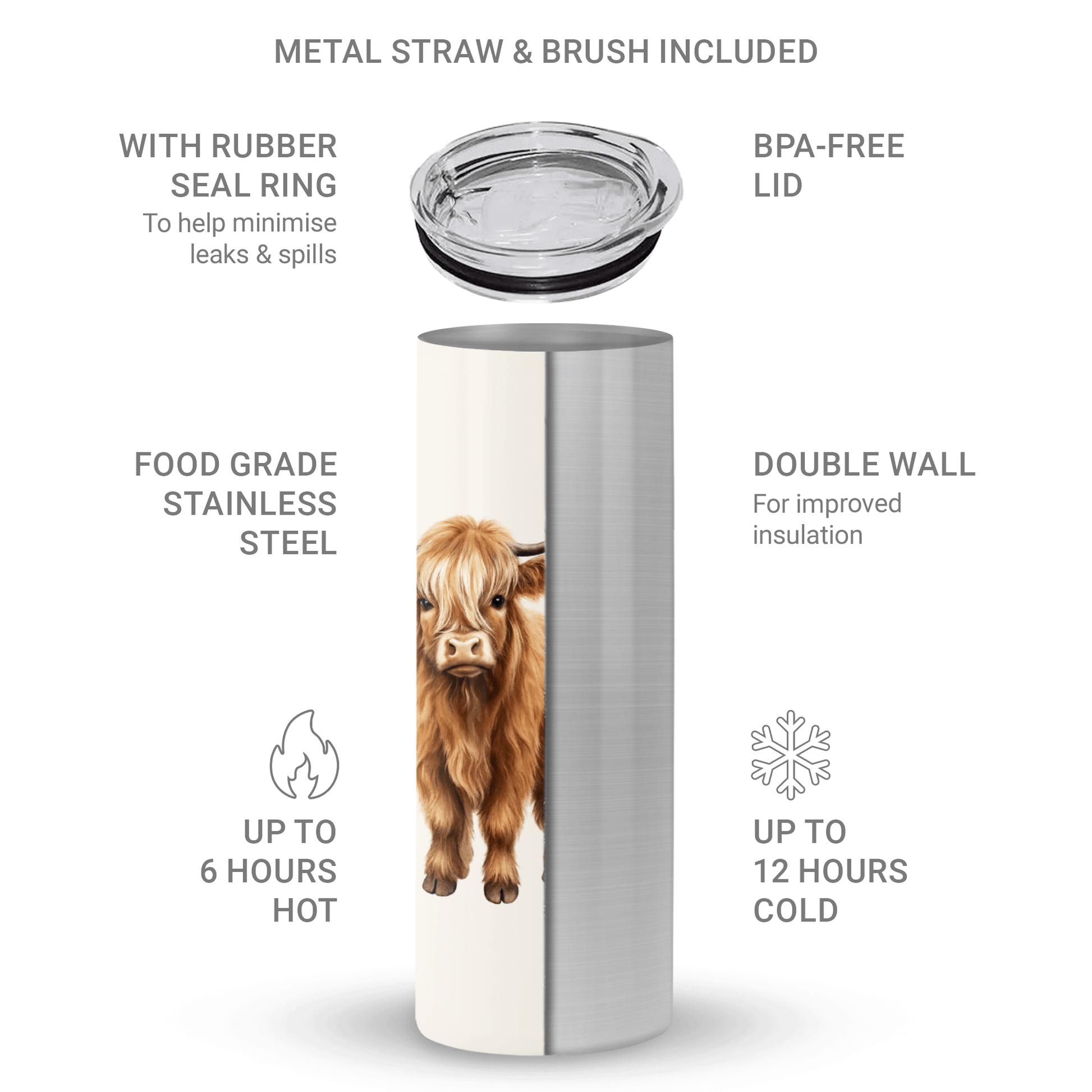 stainless steel tumbler with Highland cow design and metal straw