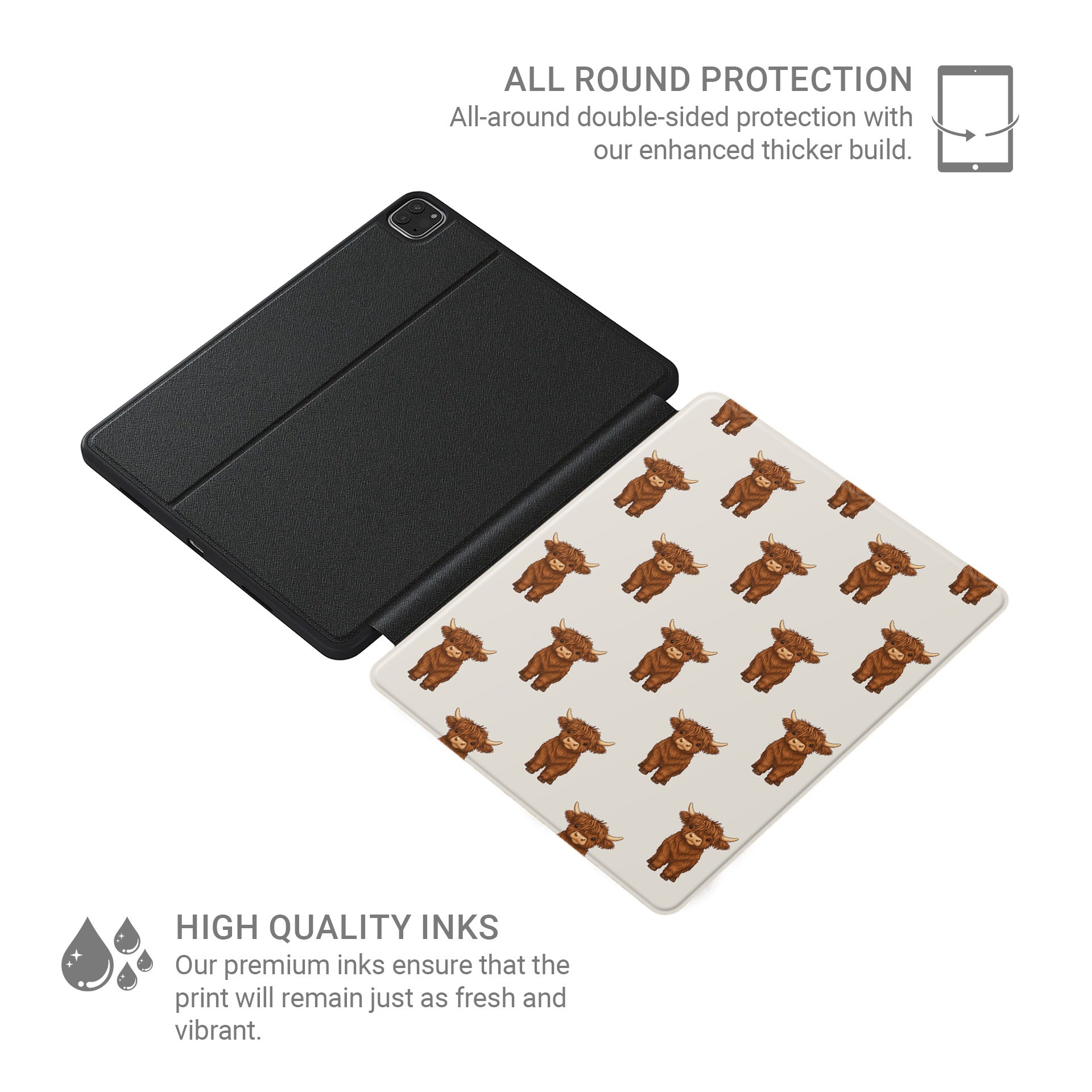 Premium vegan leather iPad cover with Highland calf design and Apple Pencil slot