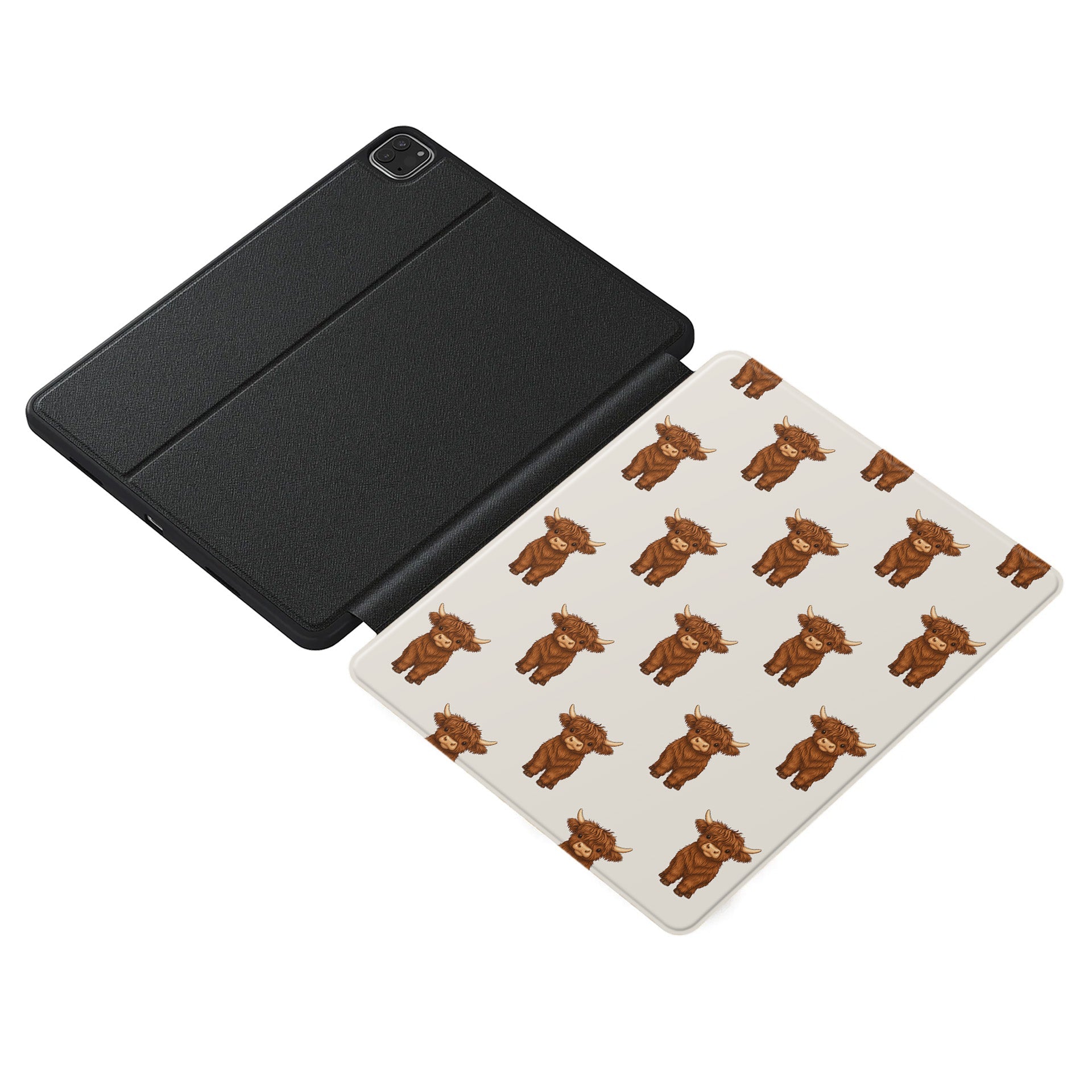 Premium vegan leather iPad cover with Highland calf design and Apple Pencil slot