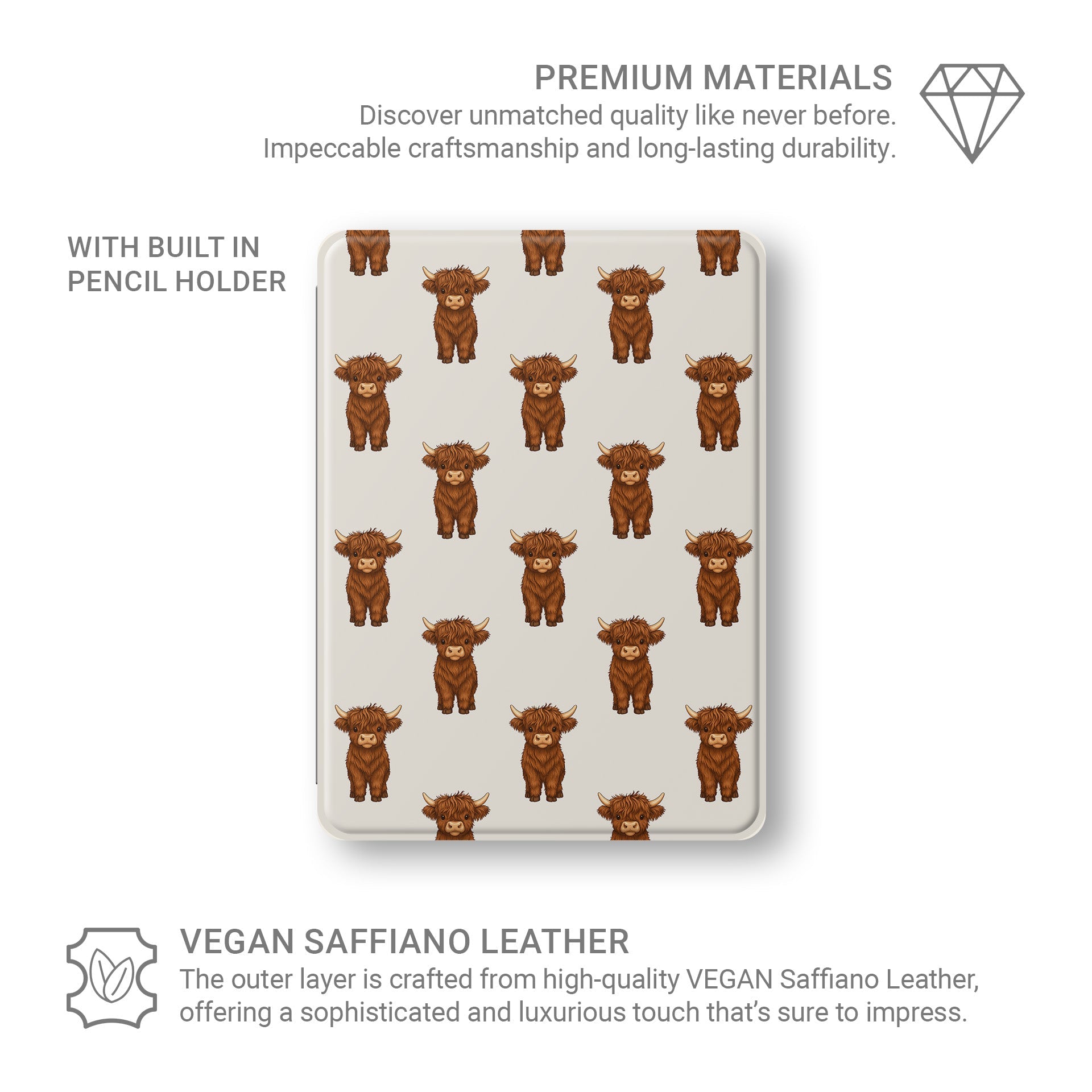 Premium vegan leather iPad cover with Highland calf design and Apple Pencil slot