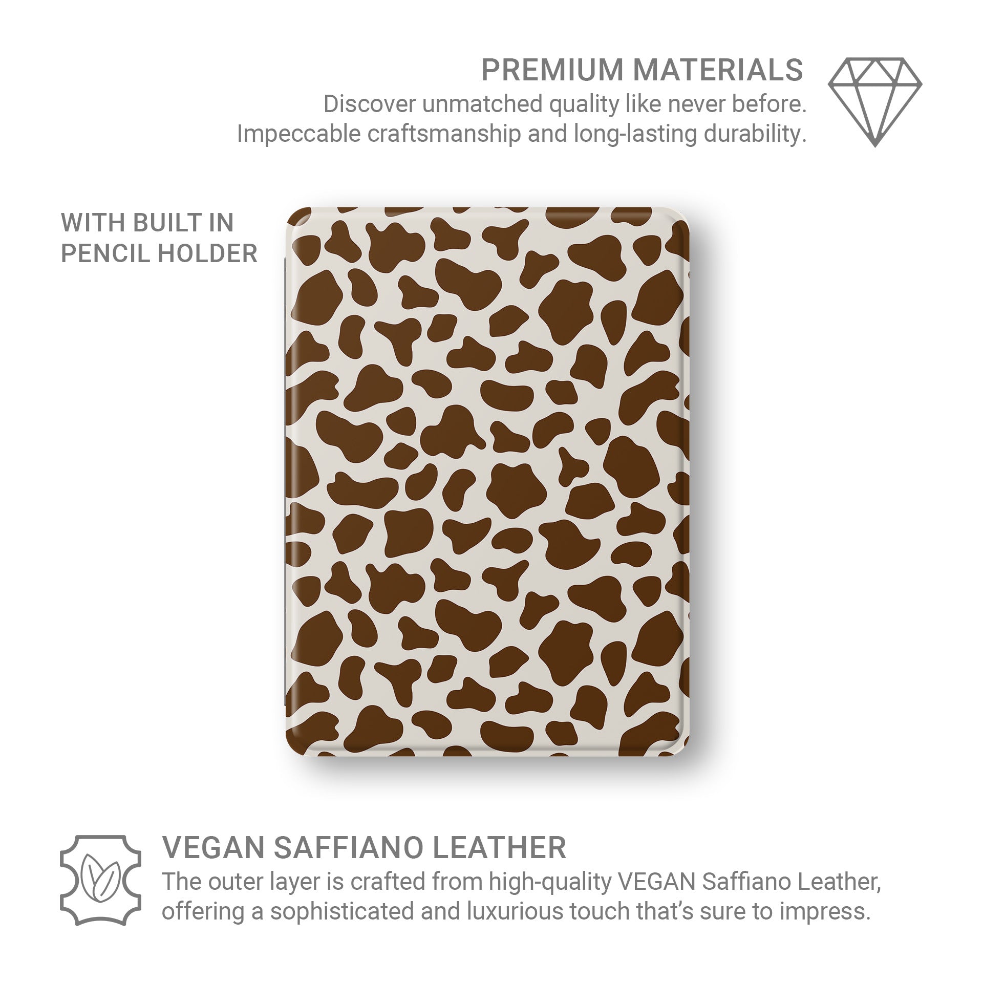 Stylish vegan leather iPad cover with brown cow print design and Apple Pencil slot