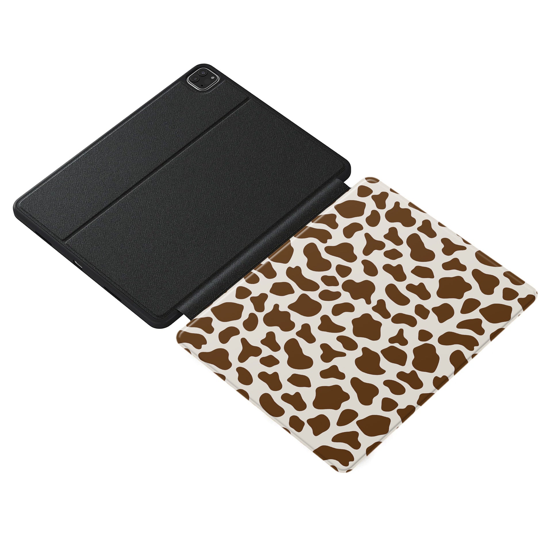 Stylish vegan leather iPad cover with brown cow print design and Apple Pencil slot