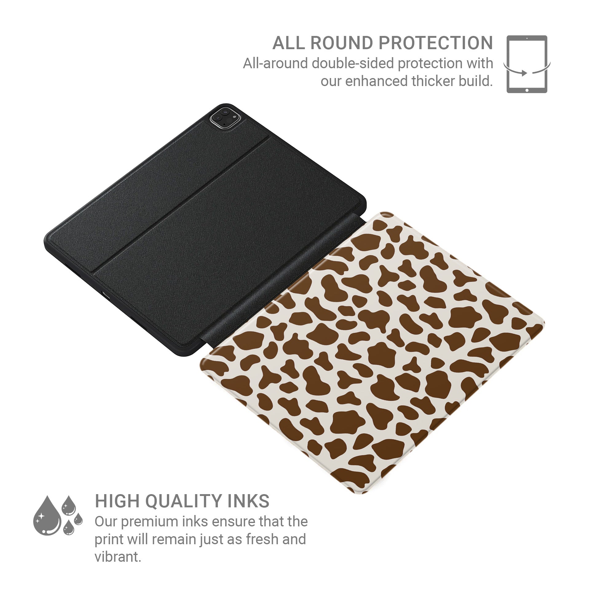 Stylish vegan leather iPad cover with brown cow print design and Apple Pencil slot