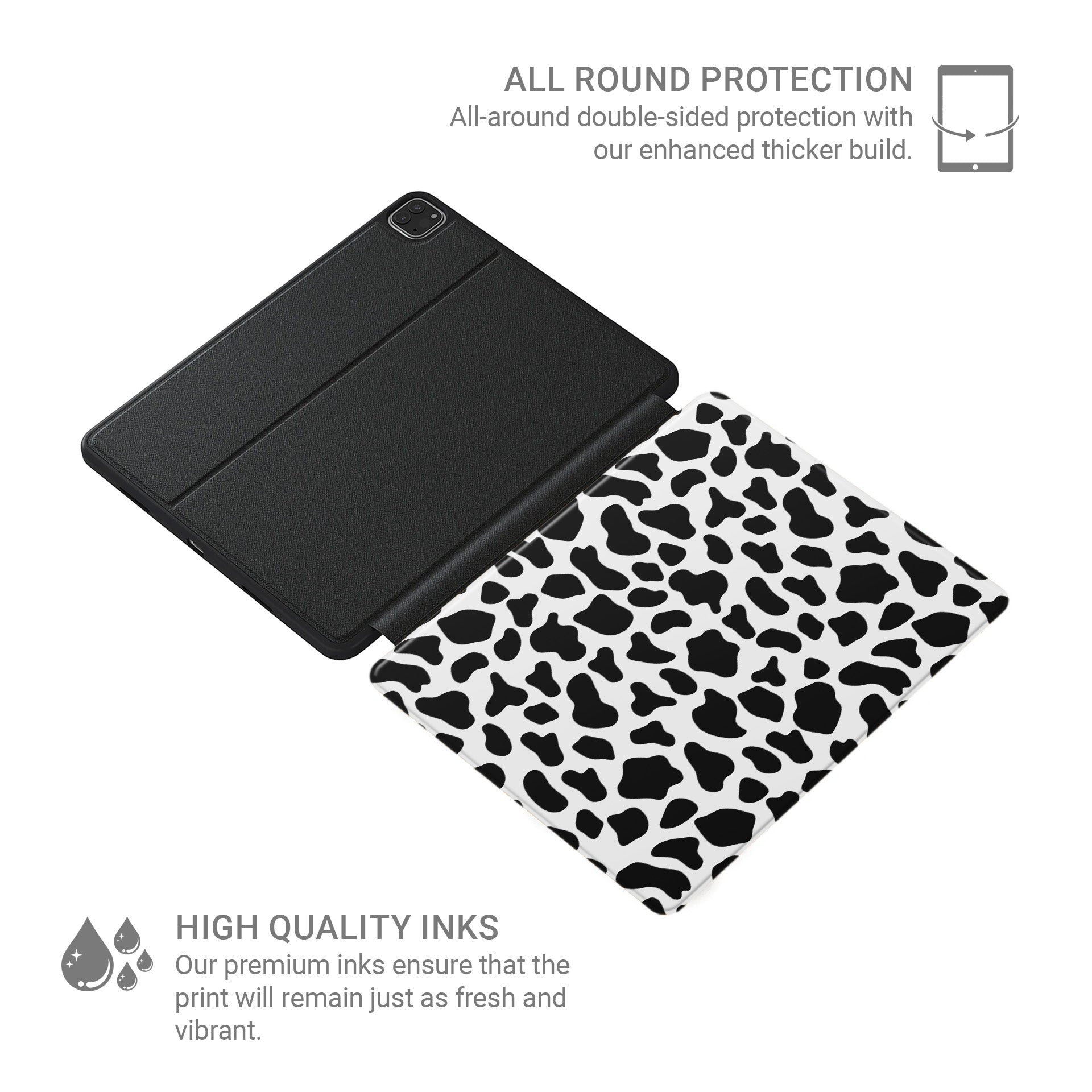 Stylish vegan leather iPad cover with monochrome cowhide pattern and Apple Pencil slot