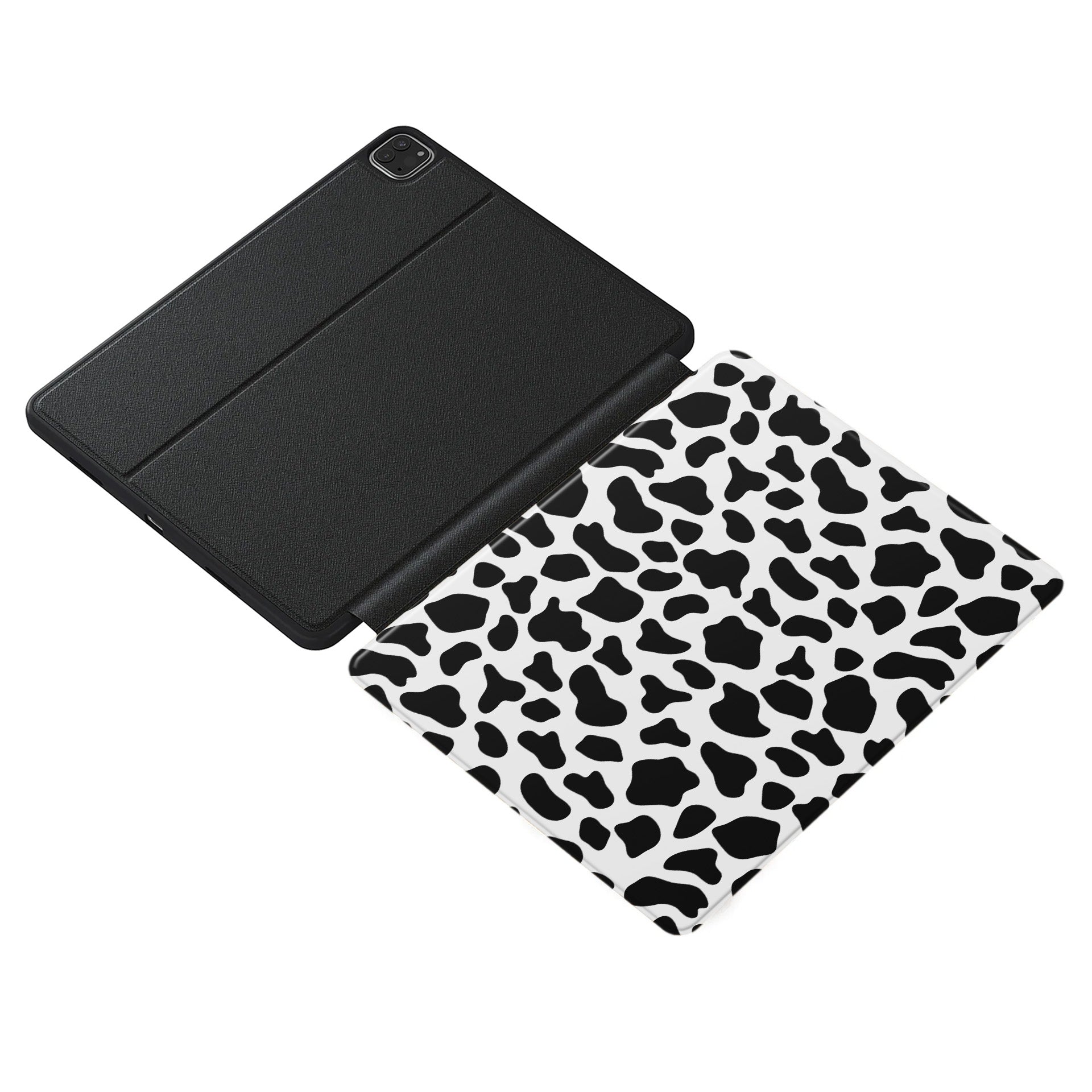 Stylish vegan leather iPad cover with monochrome cowhide pattern and Apple Pencil slot