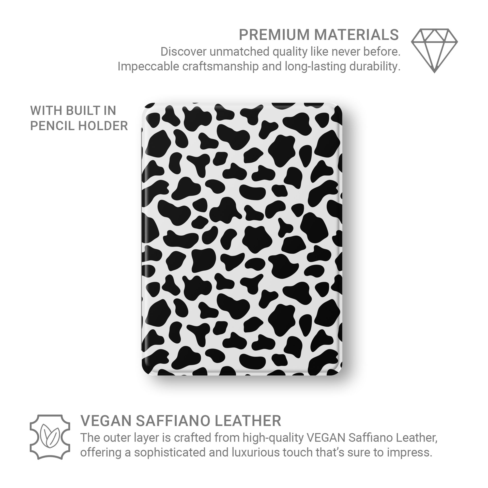Stylish vegan leather iPad cover with monochrome cowhide pattern and Apple Pencil slot