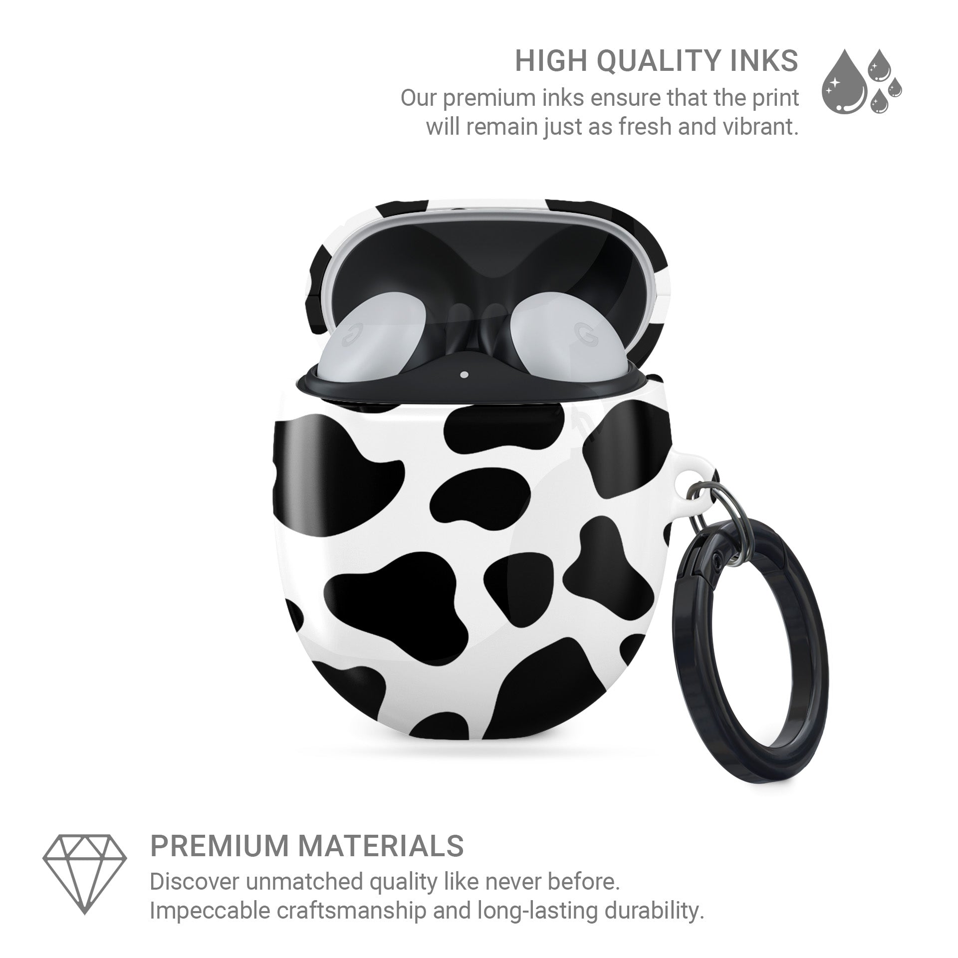 Mootique Noir black and white cow print Google Pixel Buds case