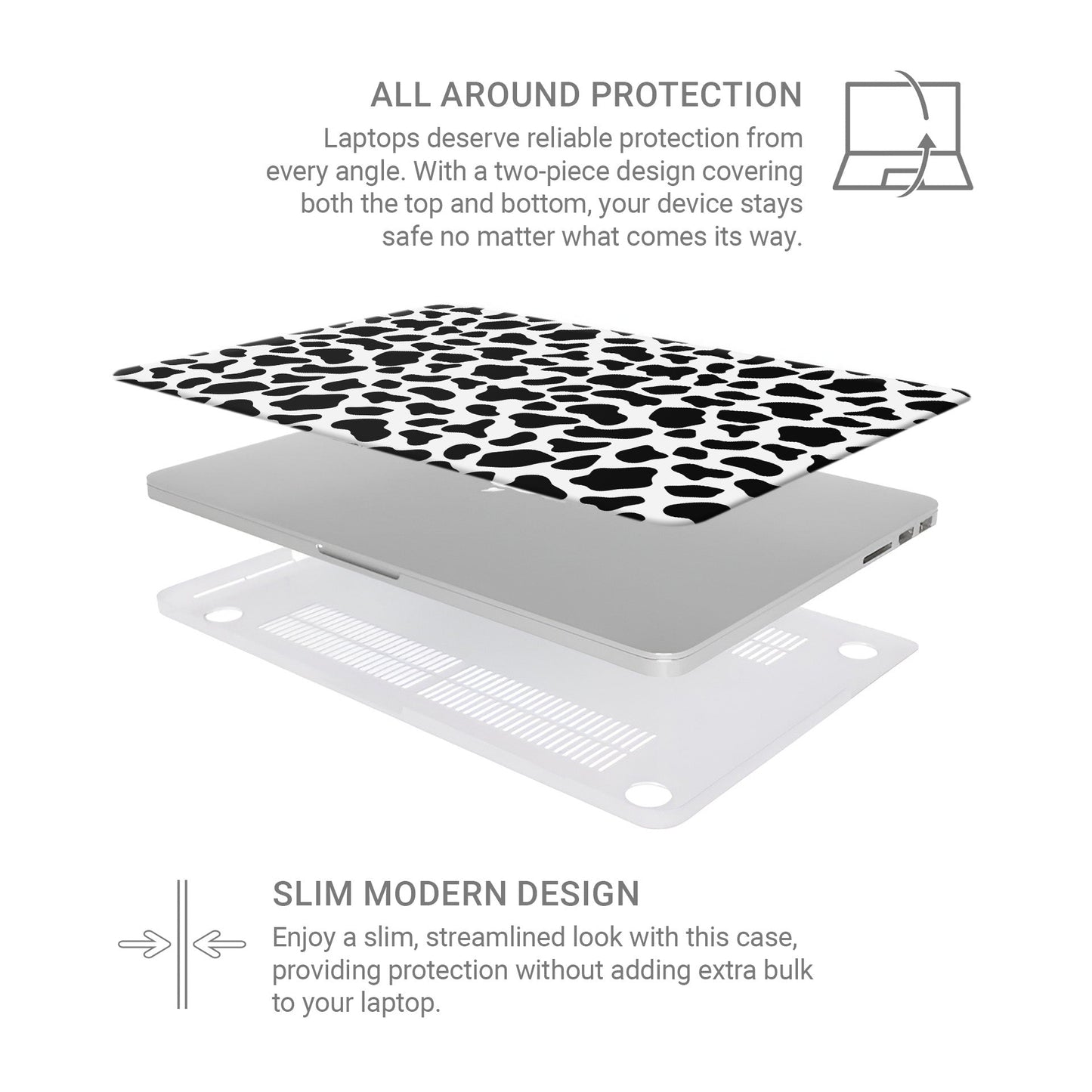 Mootique Noir MacBook Case with bold black and white cow print