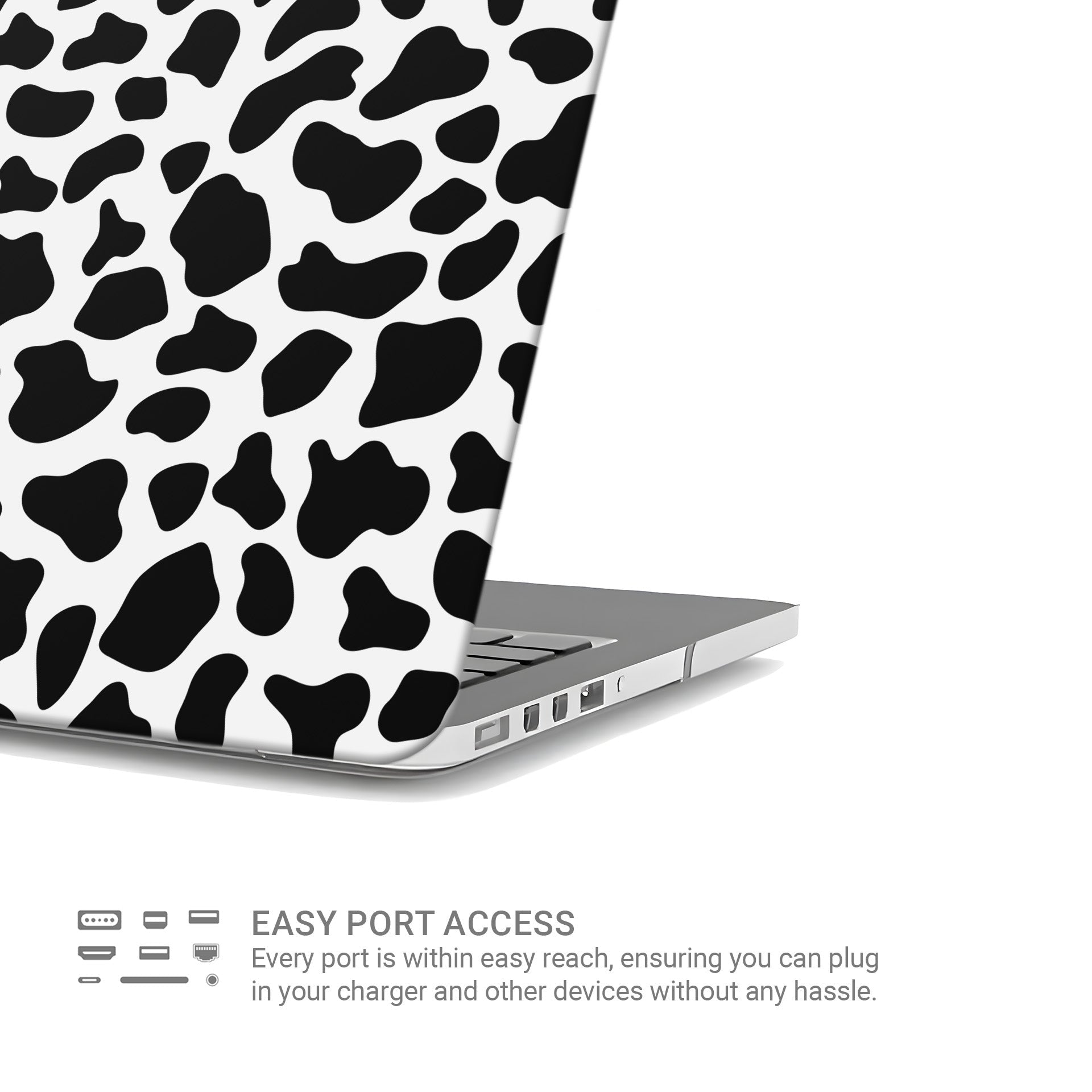Mootique Noir MacBook Case with bold black and white cow print