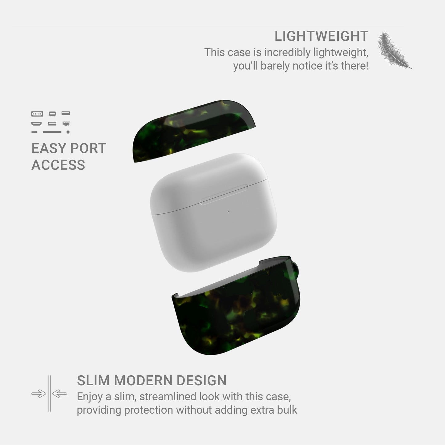Obsidian Moss AirPods tough case with green marble pattern, dual layer build, and glossy finish for everyday protection.