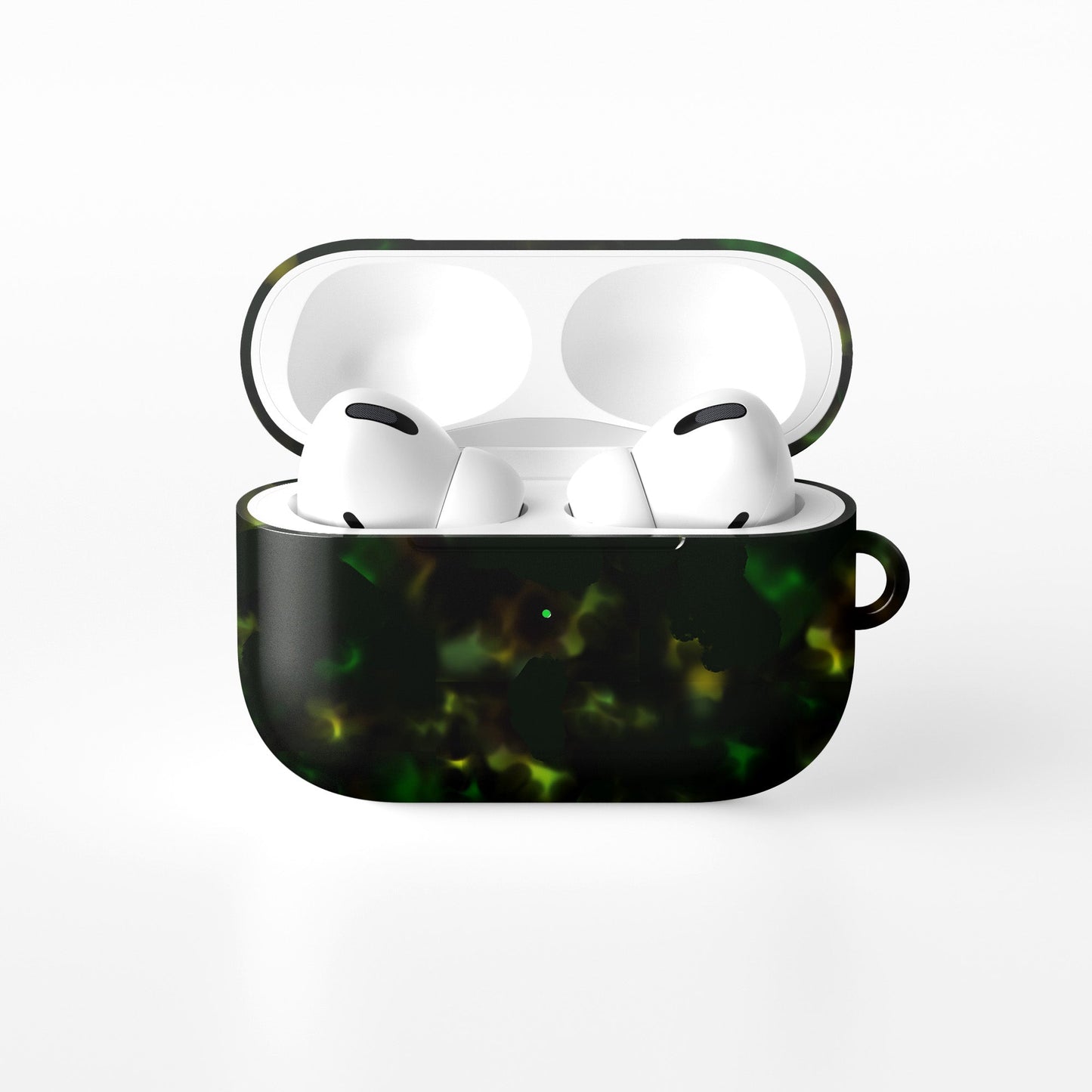 Obsidian Moss AirPods tough case with green marble pattern, dual layer build, and glossy finish for everyday protection.
