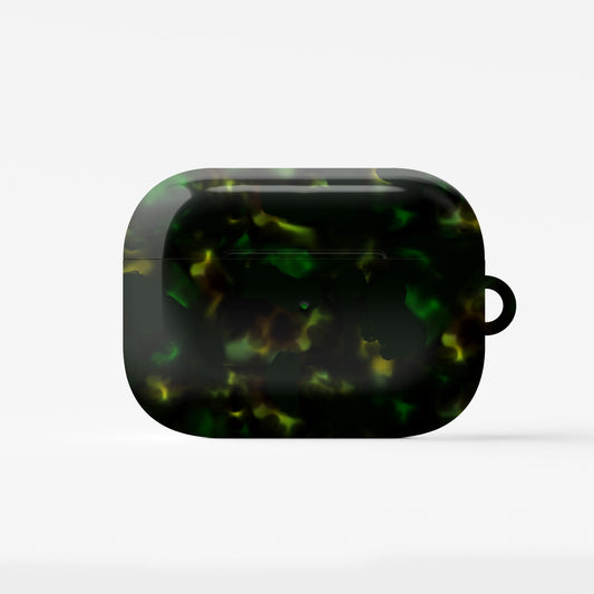 Obsidian Moss AirPods tough case with green marble pattern, dual layer build, and glossy finish for everyday protection.