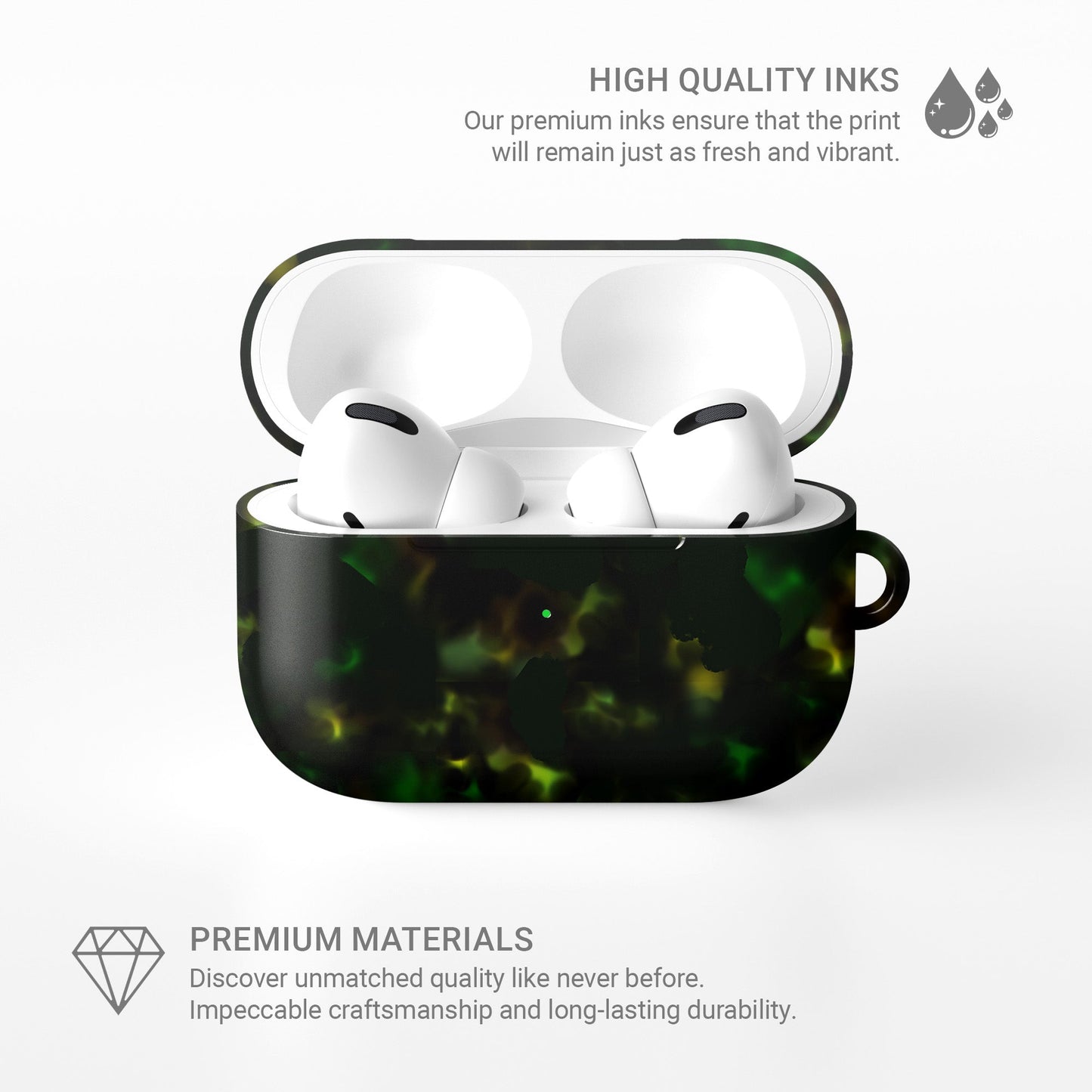 Obsidian Moss AirPods tough case with green marble pattern, dual layer build, and glossy finish for everyday protection.