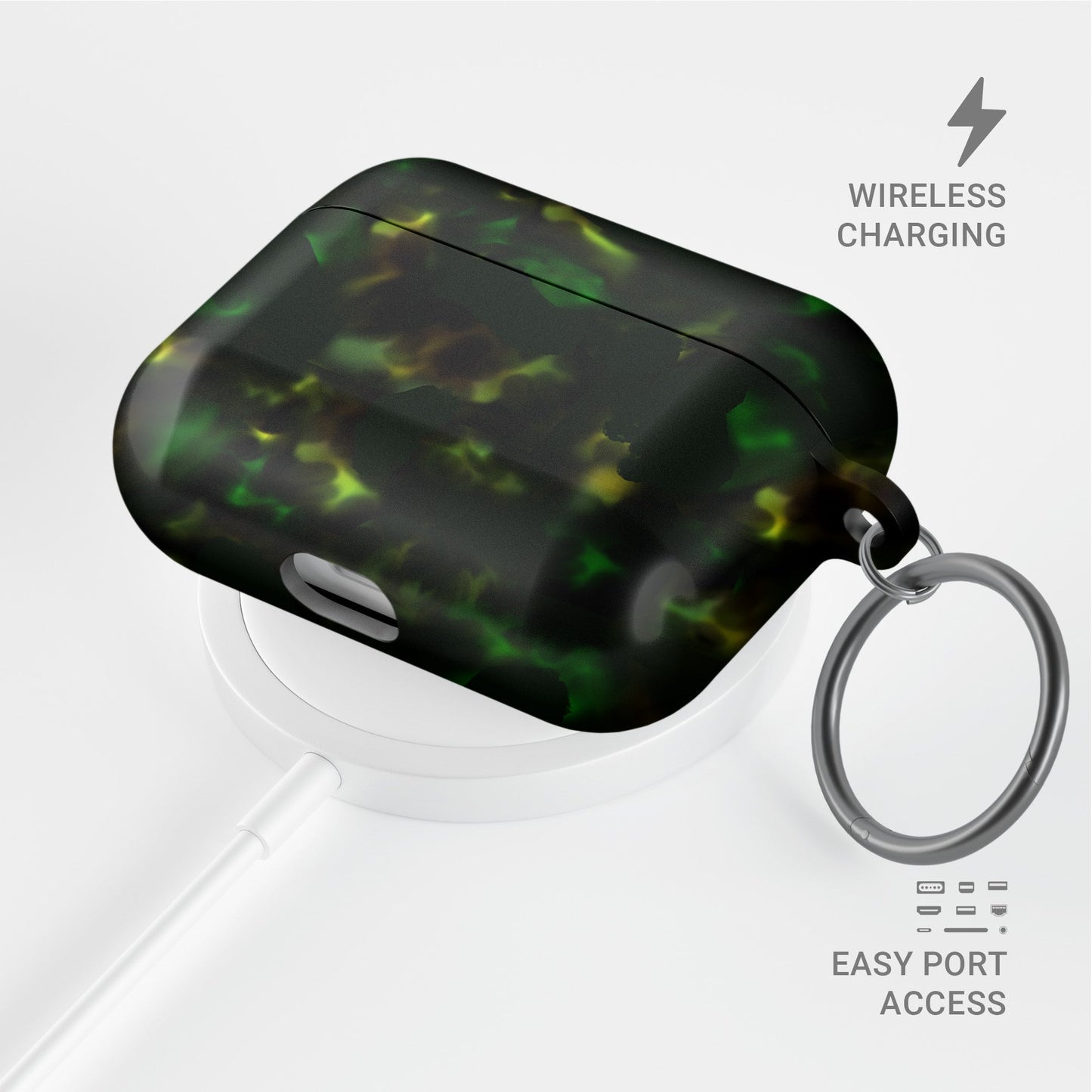 Obsidian Moss AirPods tough case with green marble pattern, dual layer build, and glossy finish for everyday protection.