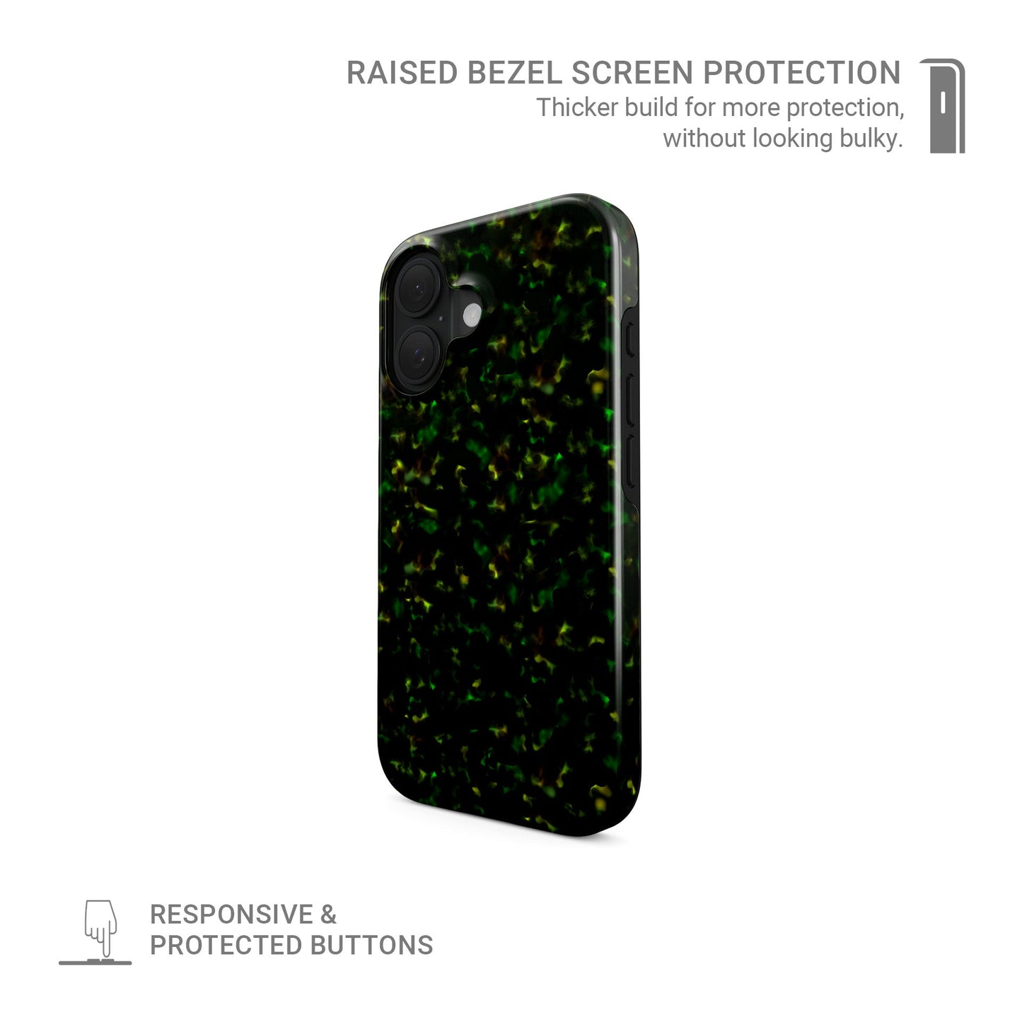 Obsidian Moss MagSafe tough phone case with green marble tortoise shell design, dual layer build, and magnetic charging compatibility.