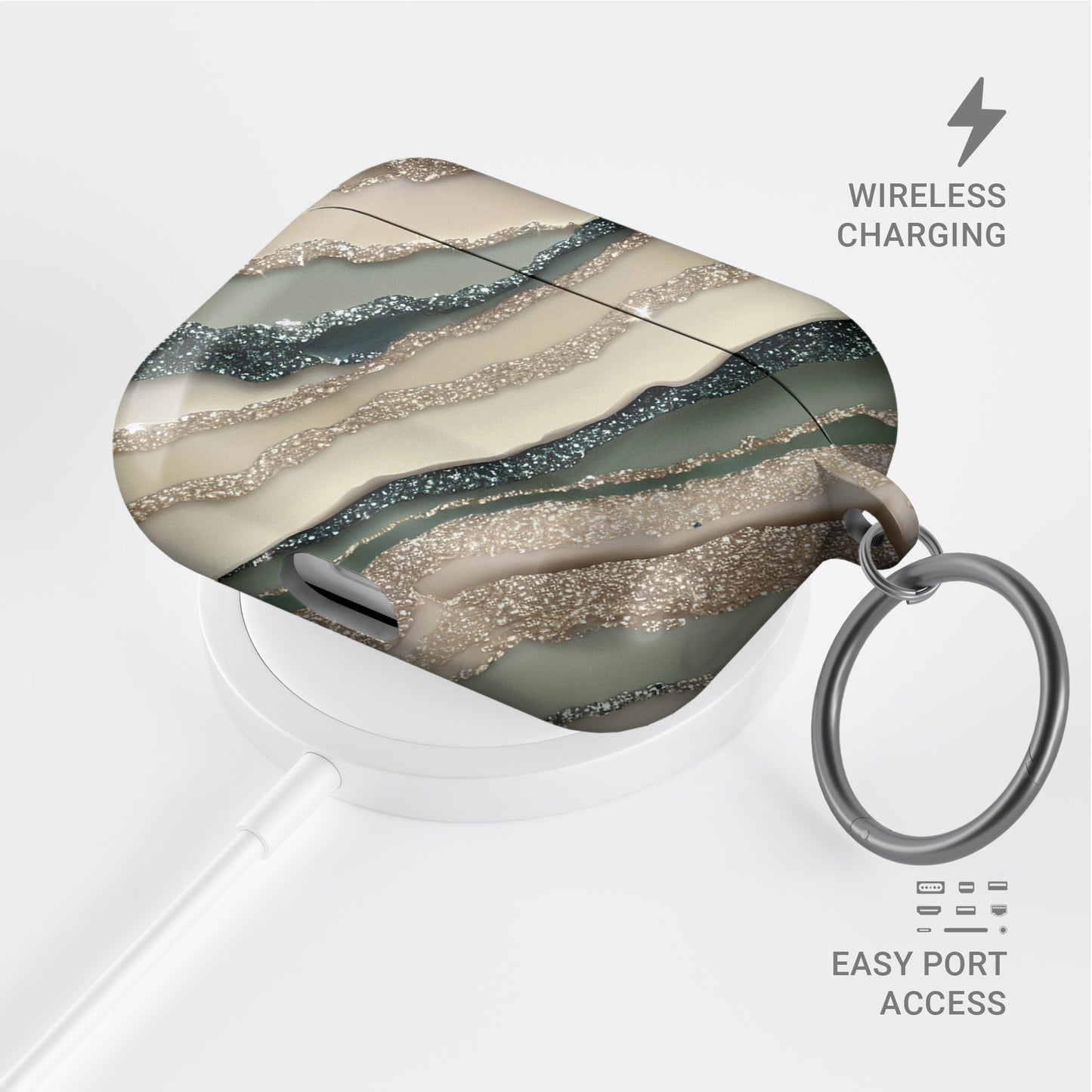 green marble agate style airpods case with gold glitter effect aesthetic design