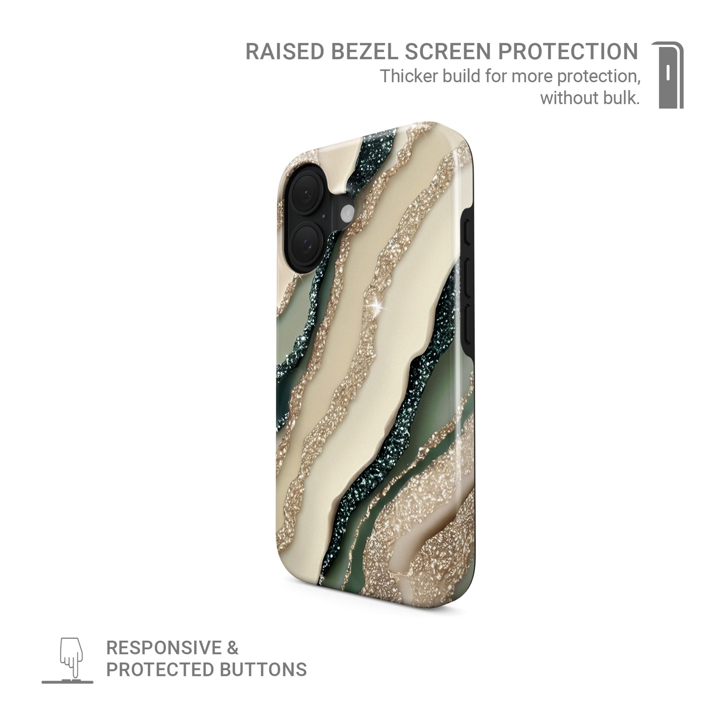 green marble protective phone case with gold style sparkle design, neutral aesthetic tough case for iPhone Samsung and Google phones